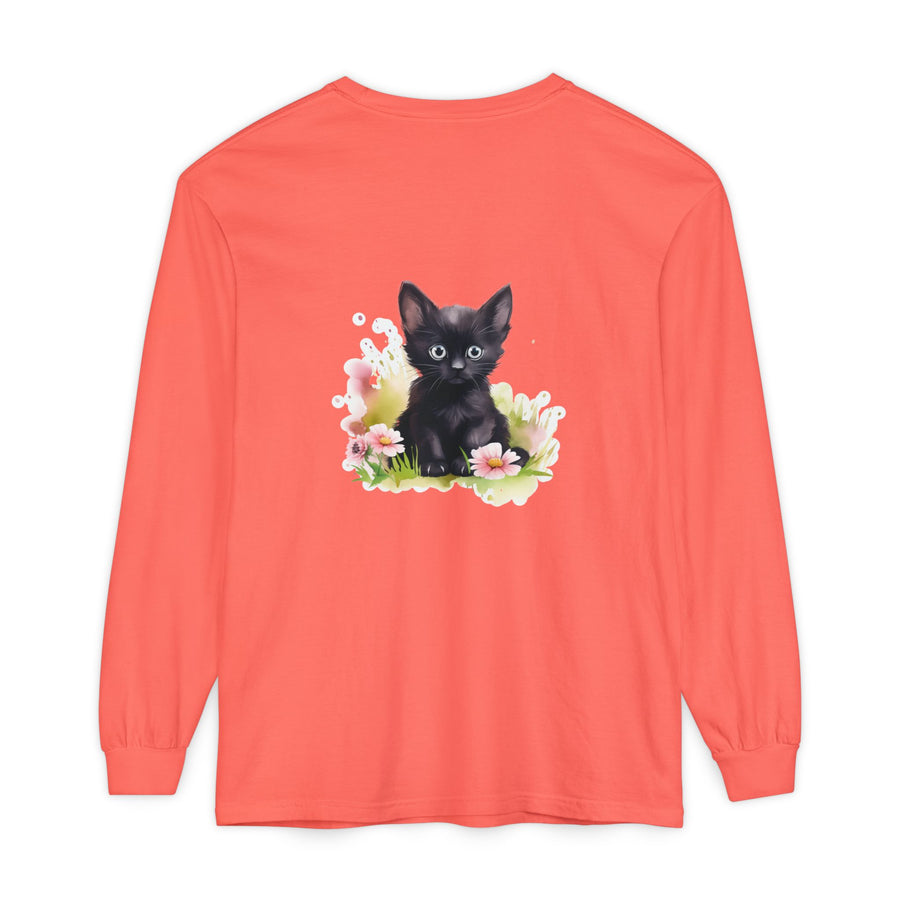 Full Sleeve Tee | Black Kitten & Pink Flowers