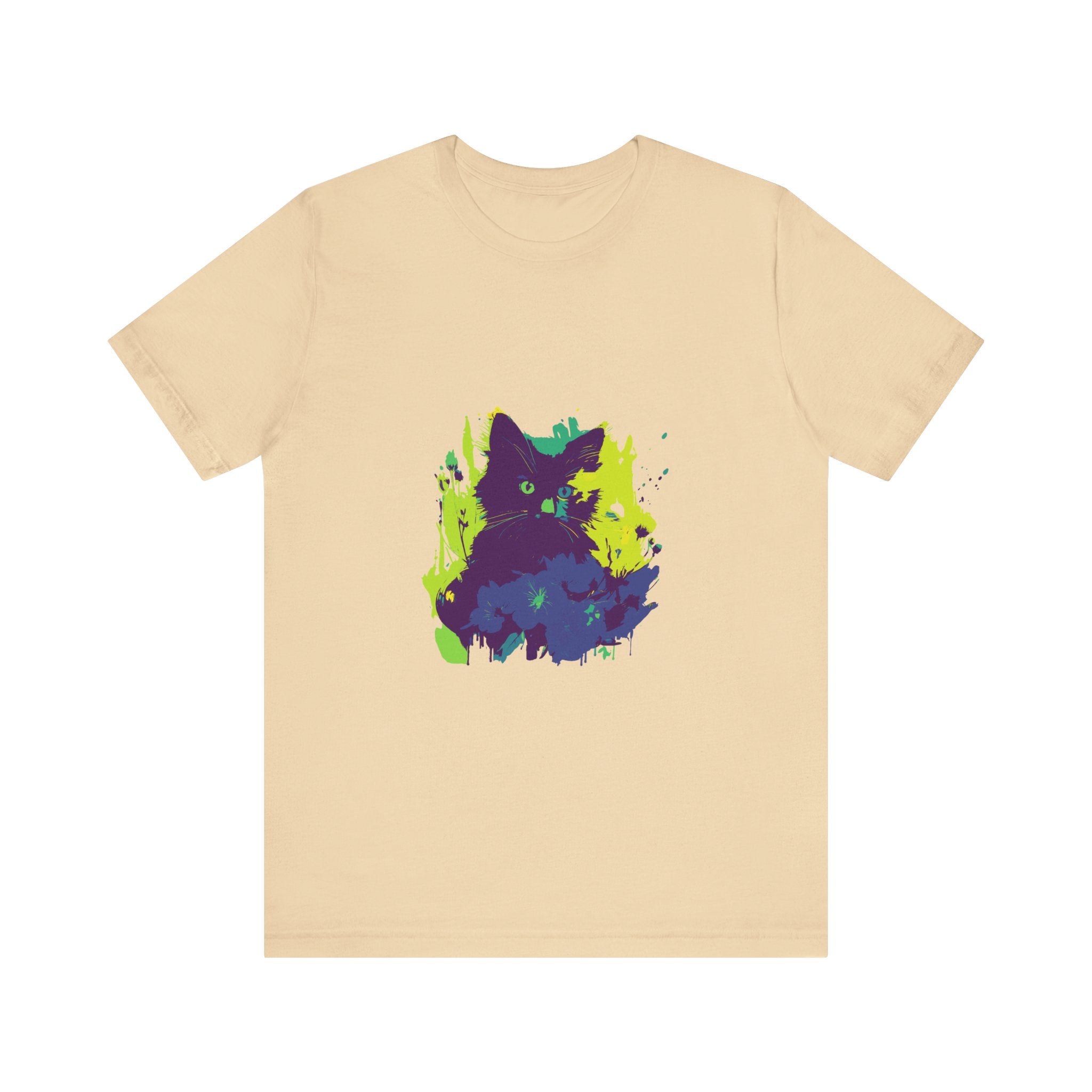 Black Cat Mystery - Abstract T-Shirt shown in a stylish, black and white design with a mysterious feline silhouette