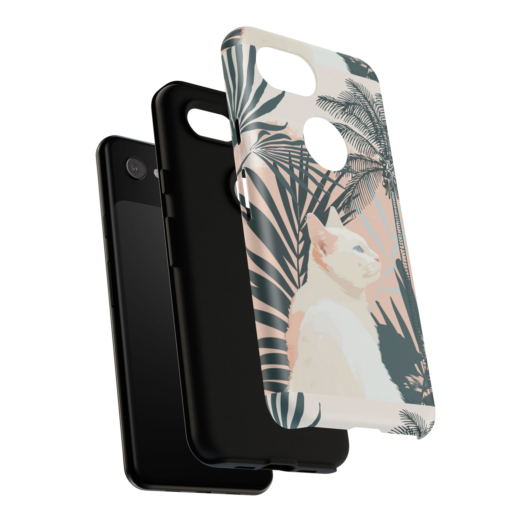 Tropical Cat Phone Case with Lush Palm Motifs and Soft Pastels