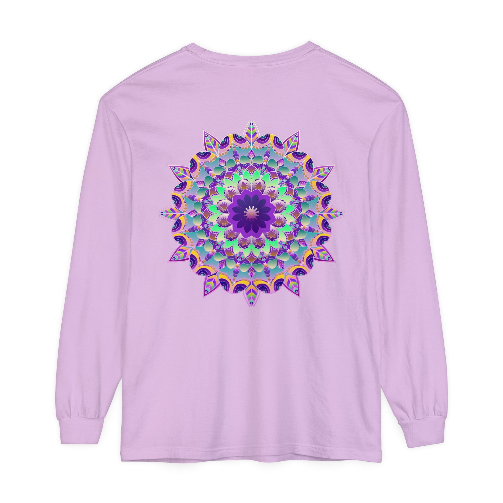 Colorful and intricate mandala design printed on long sleeve t-shirt