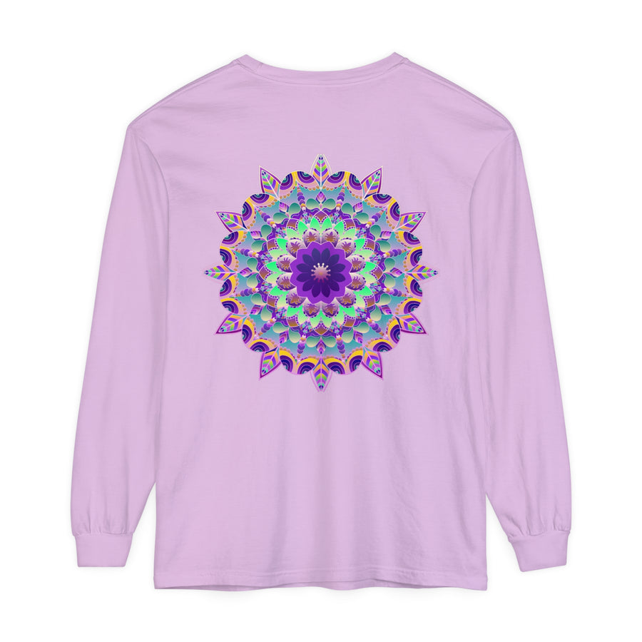Colorful and intricate mandala design printed on long sleeve t-shirt