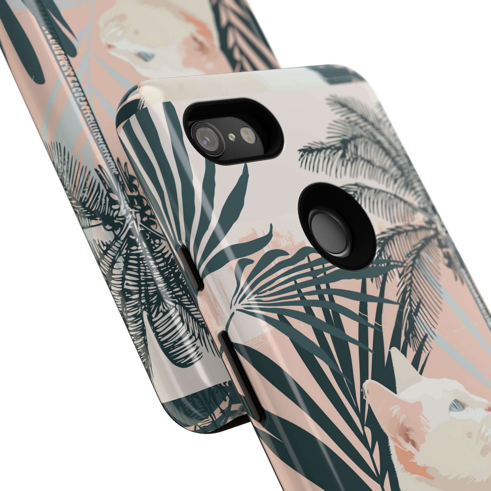 Tropical Cat Phone Case with Lush Palm Motifs and Soft Pastels