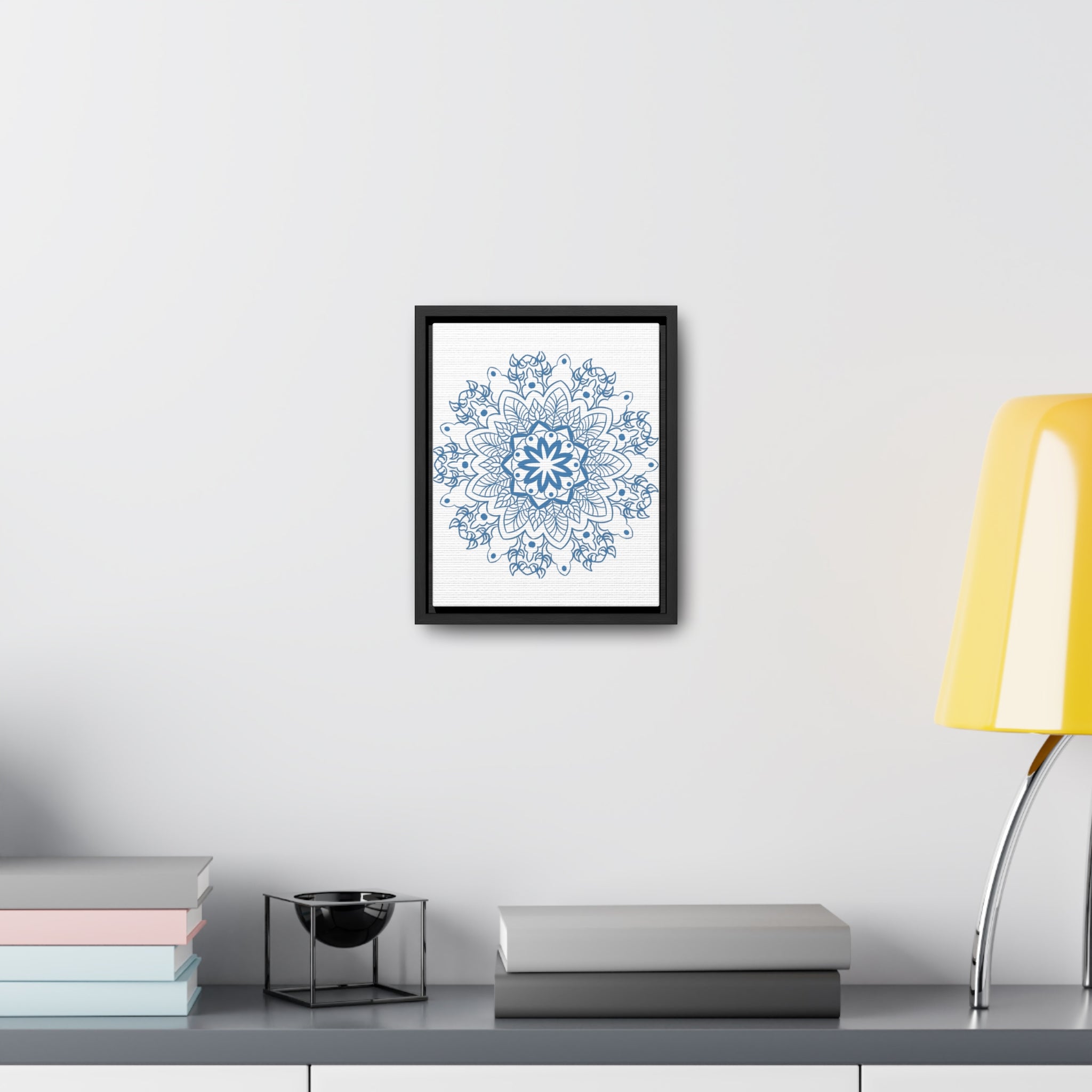 Beautiful steel blue mandala design handmade wall art on gallery canvas wraps, displayed in a vertical frame
