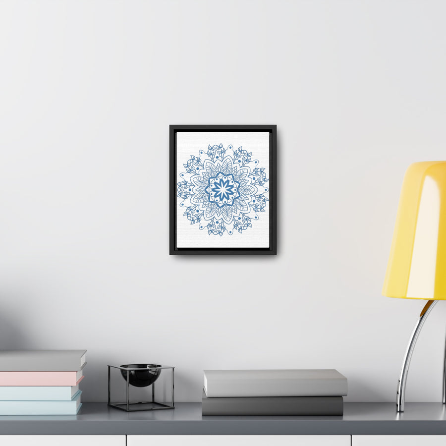 Beautiful steel blue mandala design handmade wall art on gallery canvas wraps, displayed in a vertical frame