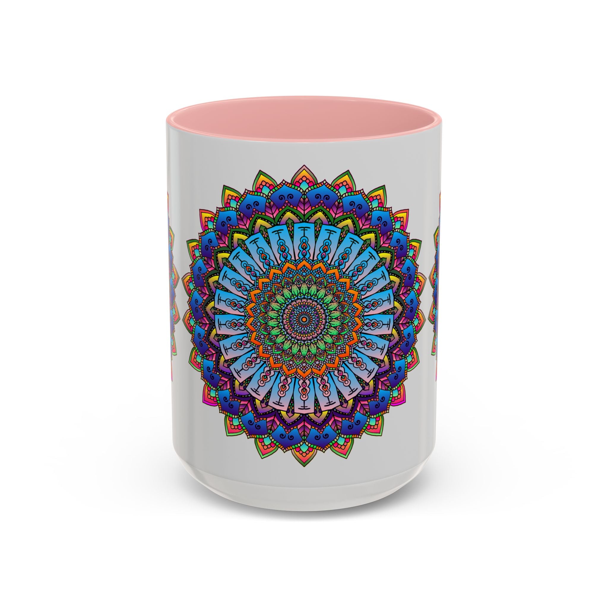 Exquisite mandala pattern in vivid hues on a grey ceramic mug