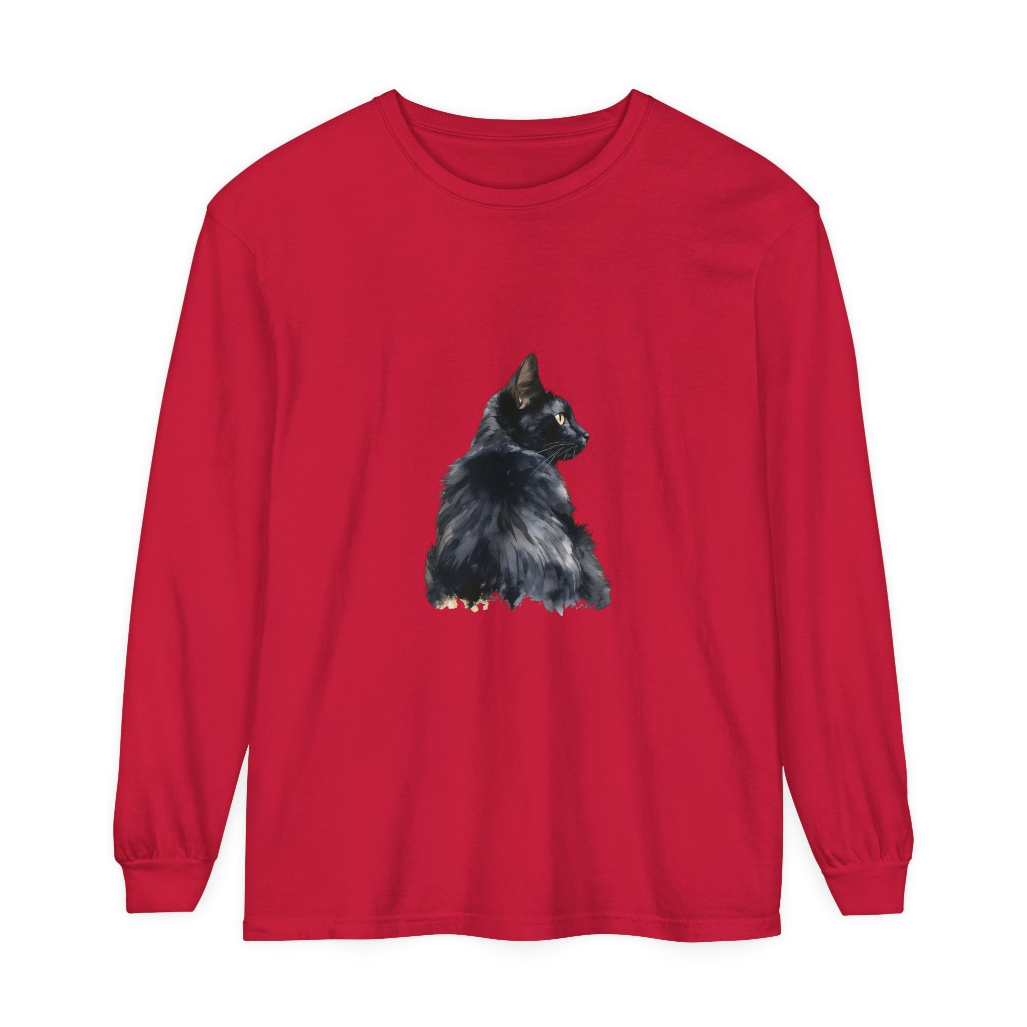 Black Cat Watercolor Long Sleeve T-Shirt featuring a realistic watercolor print of a black cat on the front