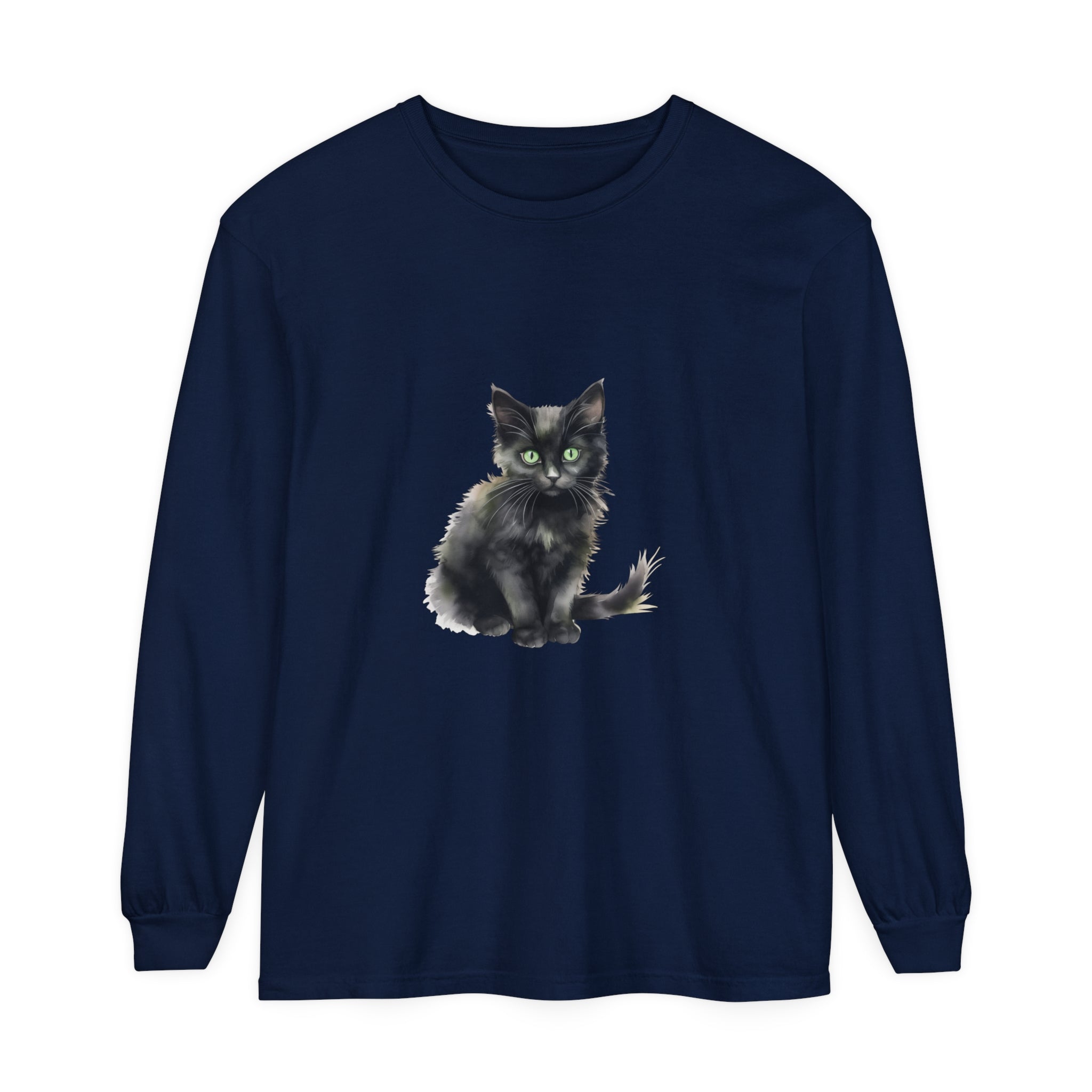 Black Cat Watercolor T-Shirt - Green Eyes, a vibrant and artistic feline design