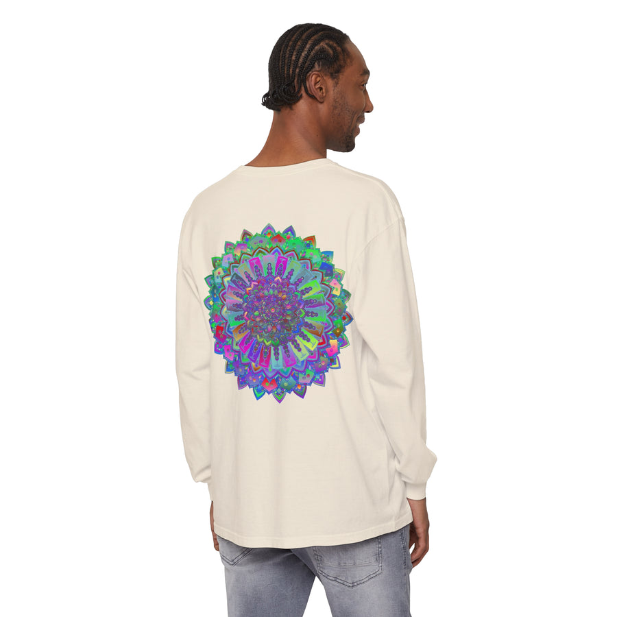 Colorful and intricate mandala design on a comfortable long sleeve t-shirt