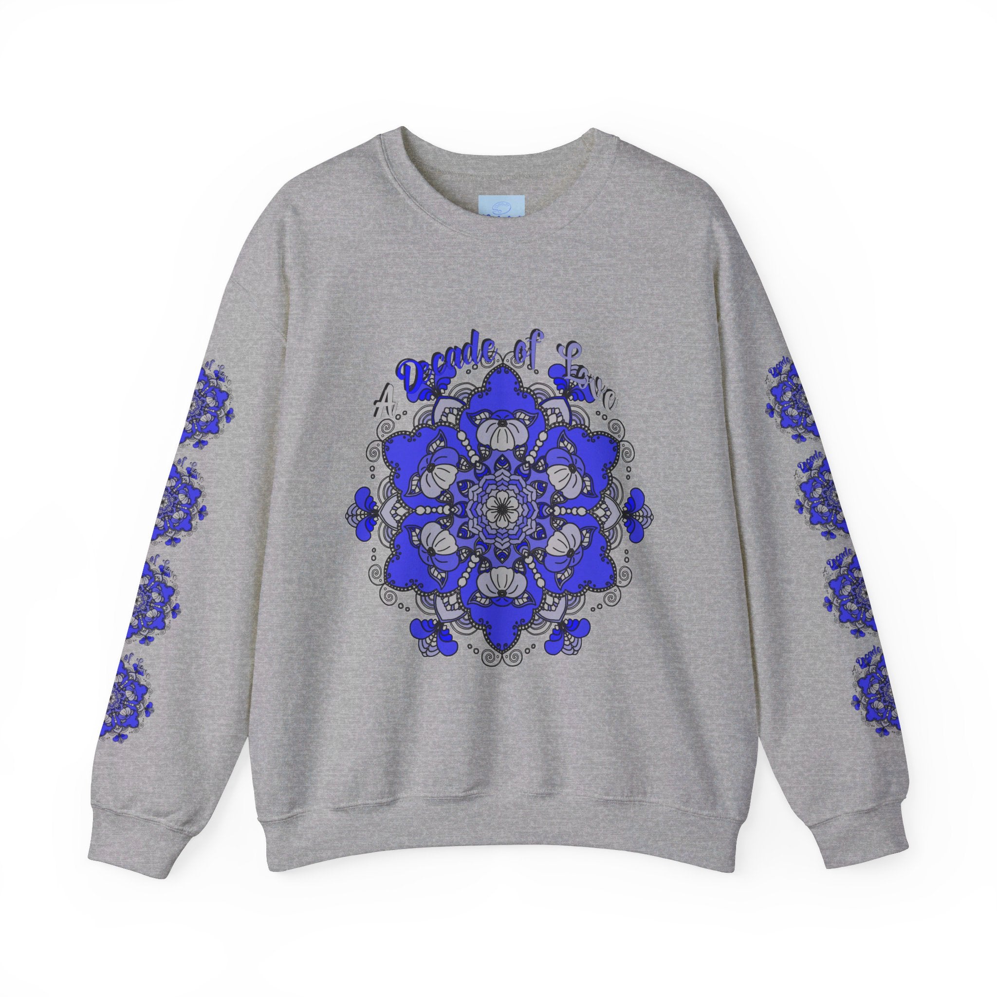Close-up of the mandala design on the 10th Anniversary Unisex Sweatshirt, featuring vibrant colors and detailed craftsmanship