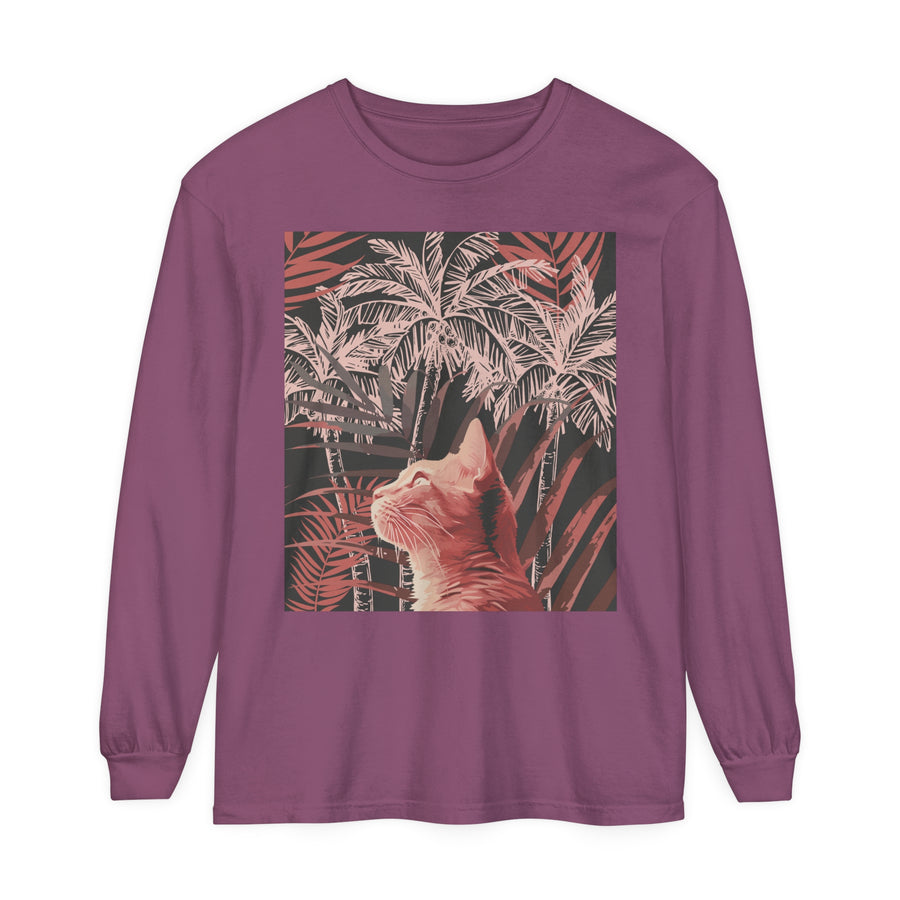 A close-up image of a soft, comfortable t-shirt featuring a cute ginger cat and palm tree print design, perfect for animal and nature lovers alike