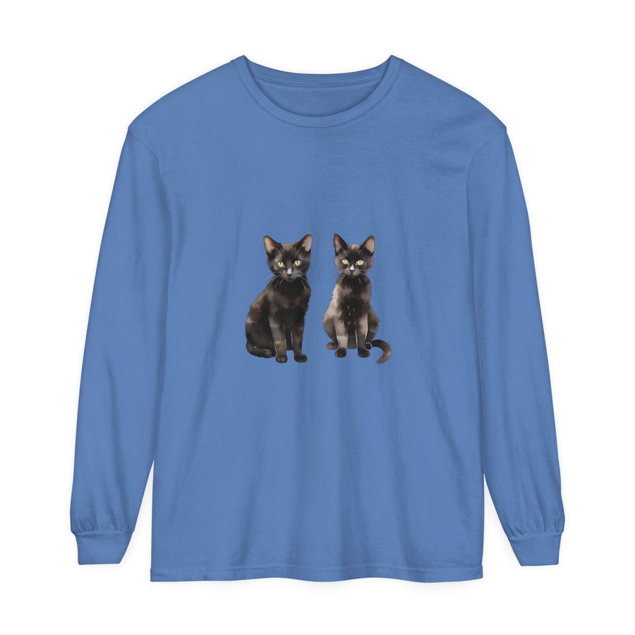 Long sleeve black t-shirt featuring watercolor art of a cat