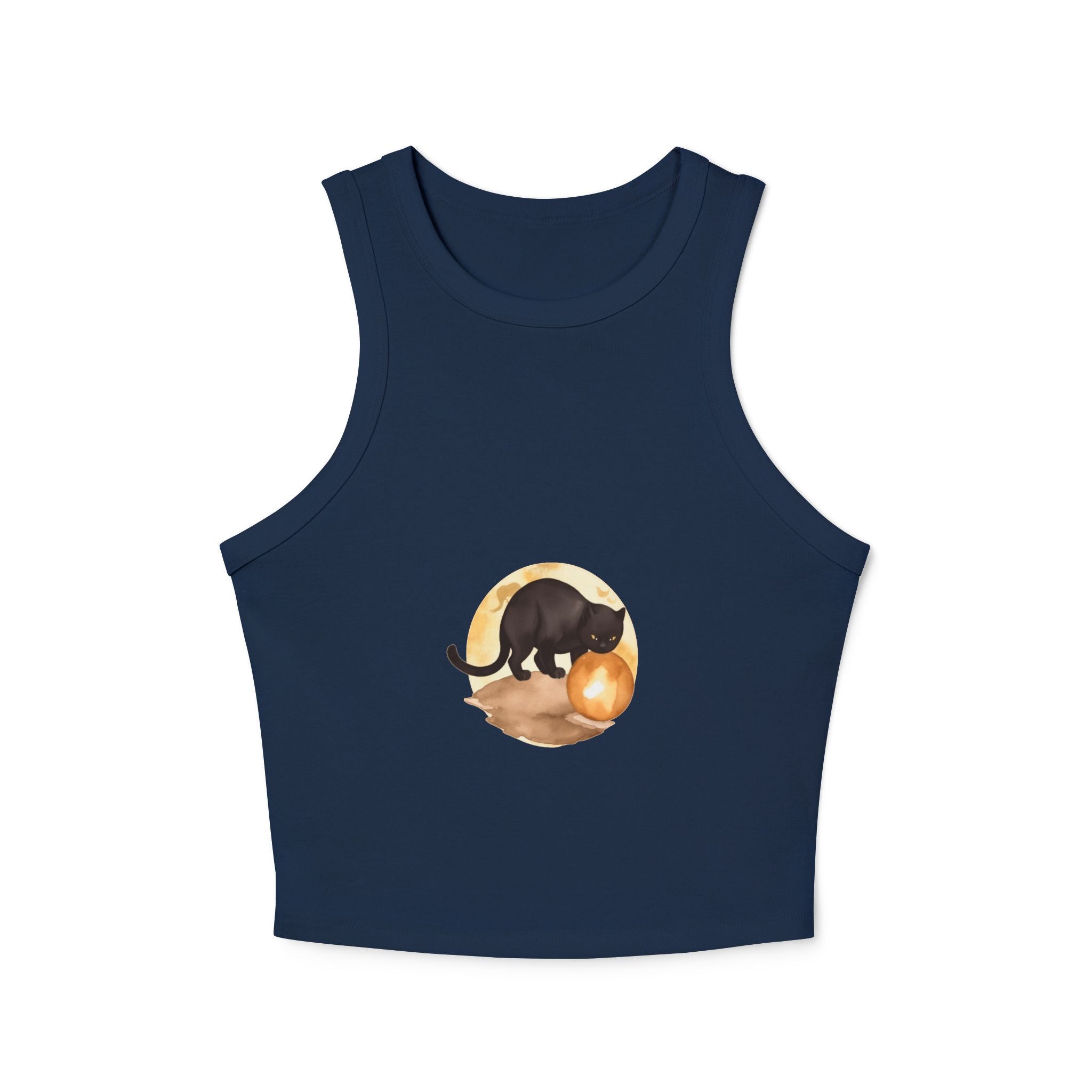 Black Cat Moon Racerback Tank Top in black color with a stylish moon and cat graphic