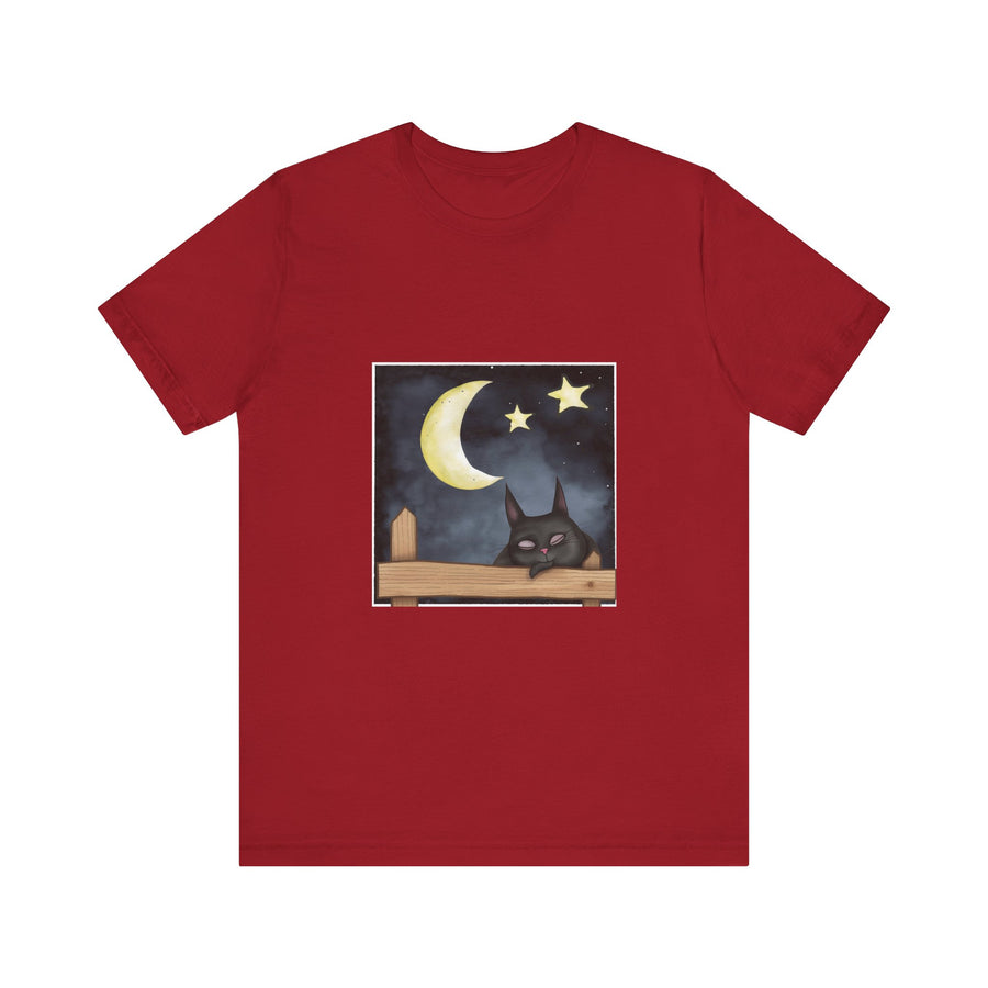 Sleepy Cat Moonlit Night T-Shirt featuring a peaceful feline under a starry sky