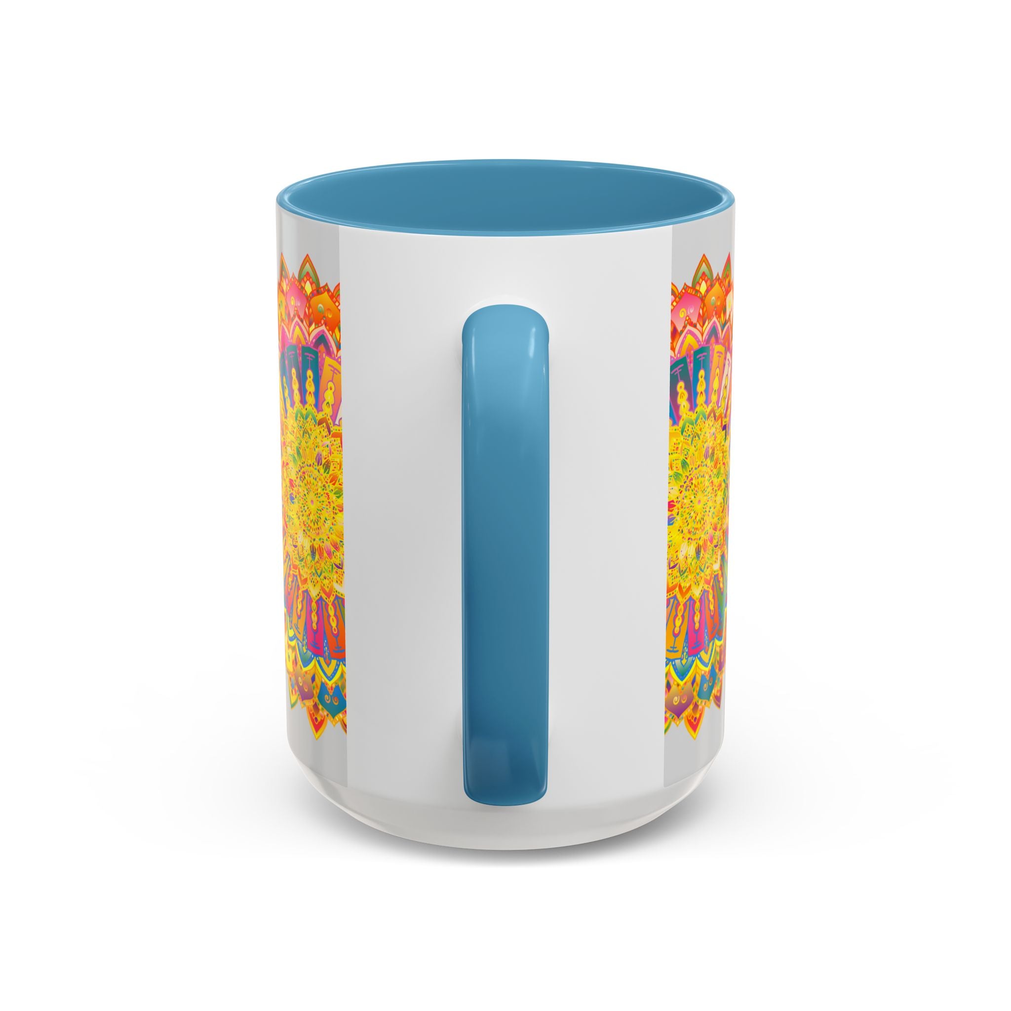 Beautiful Colorful Mandala Mug featuring vibrant and intricate art on a grey background, perfect for adding a pop of color to your morning routine