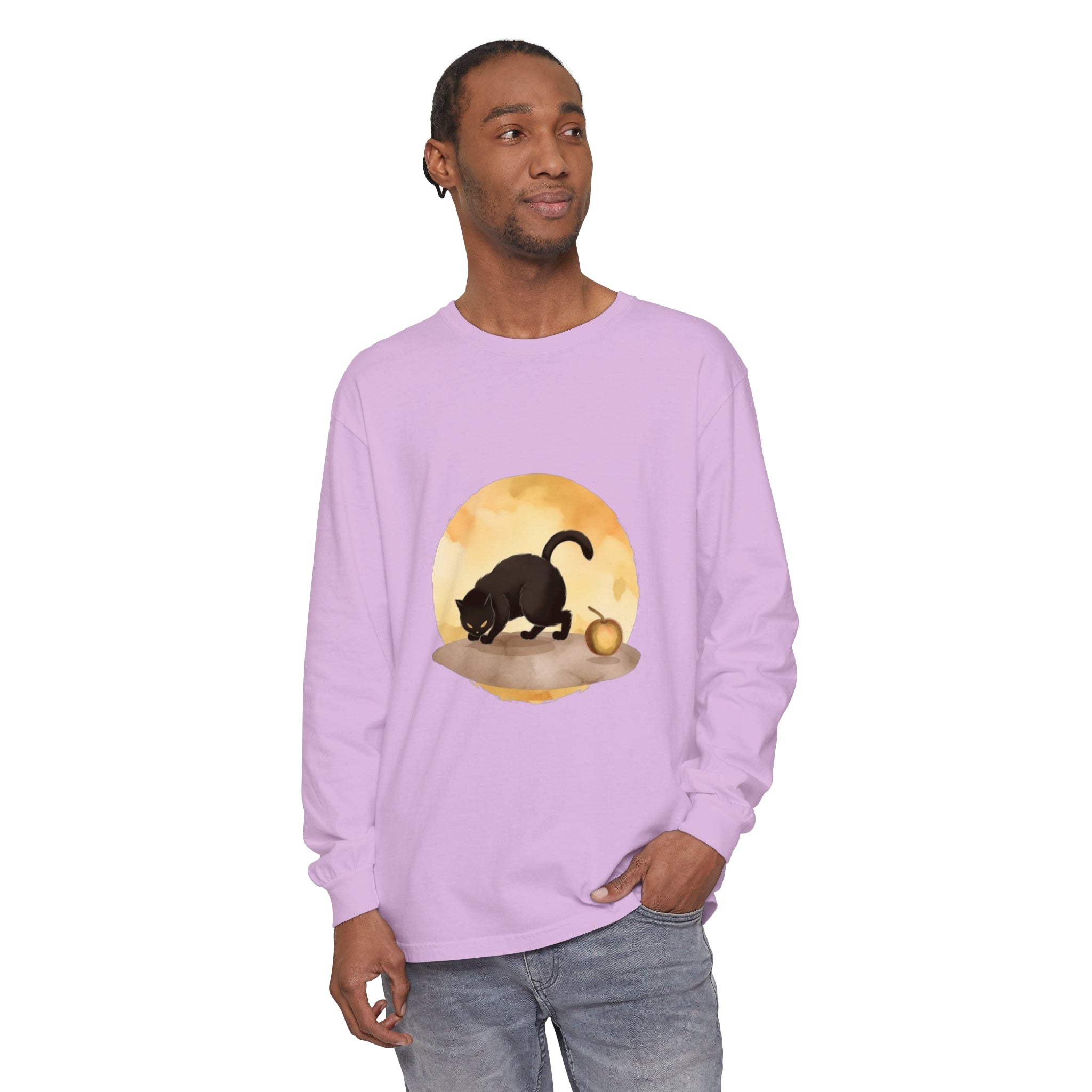 Black Cat Moonlit Mystery T-Shirt styled with dark jeans and boots for a spooky look
