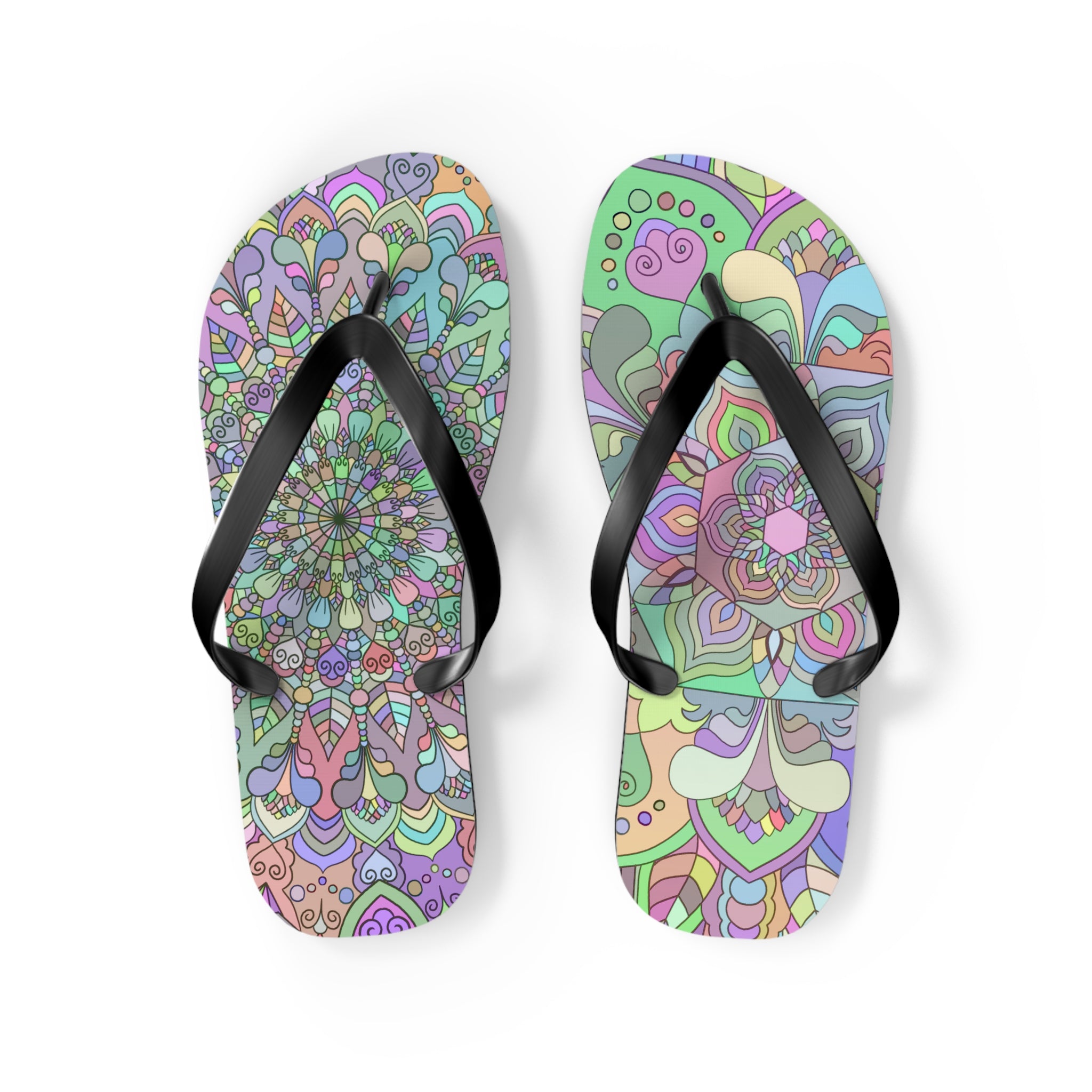 Women's flip flops with intricate mandala patterns in vibrant colors