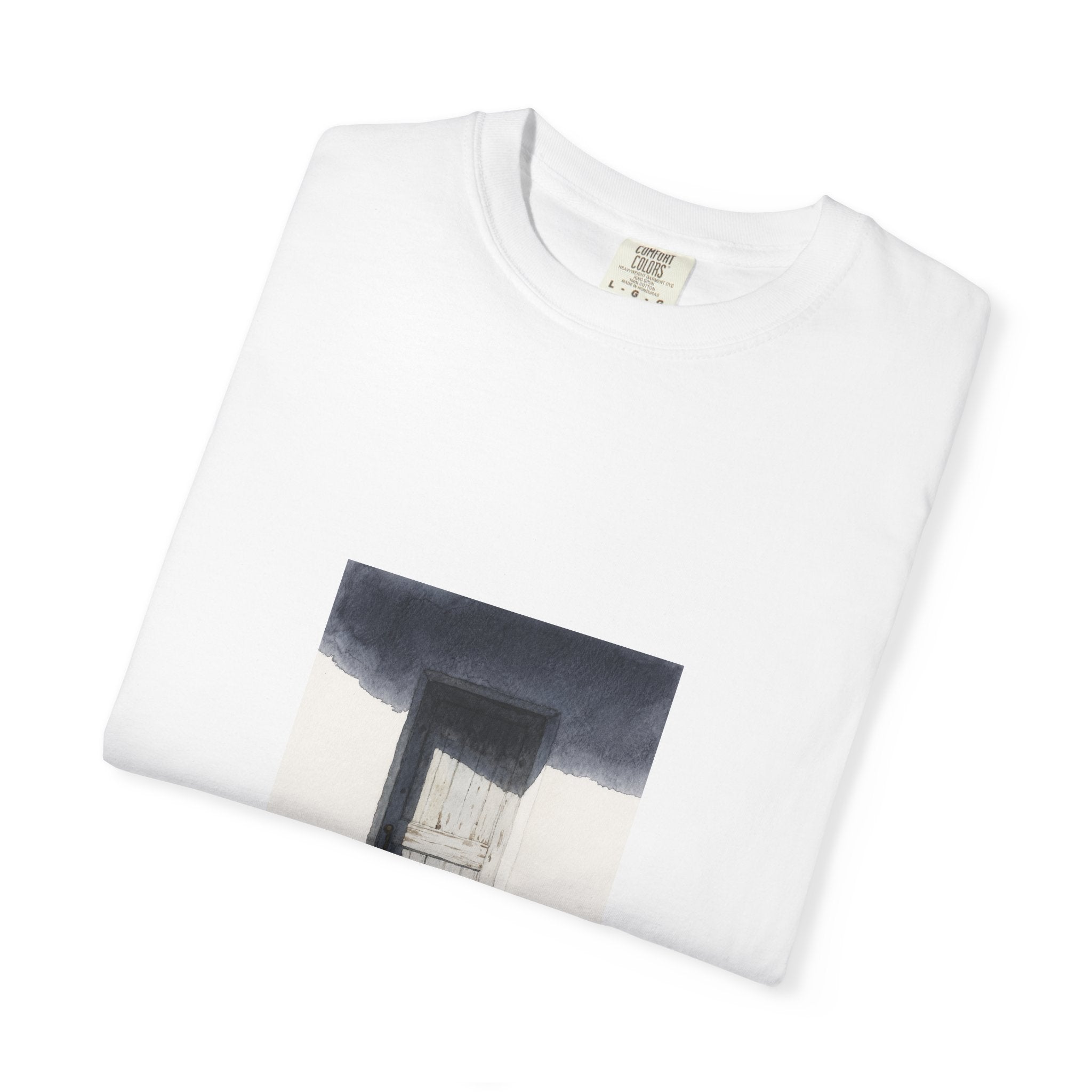 T-Shirt — Minimal Art Cat at Door Graphic Tee