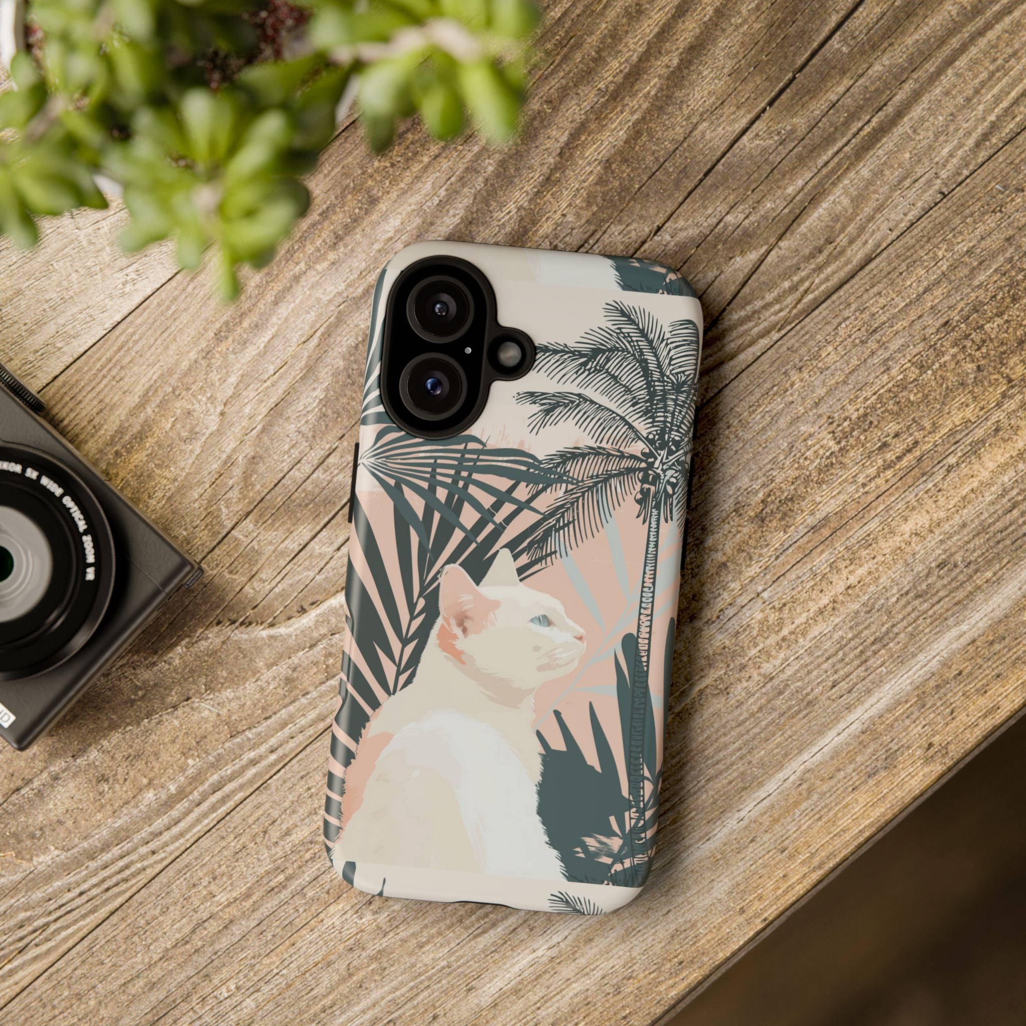 Tropical Cat Phone Case with Lush Palm Motifs and Soft Pastels