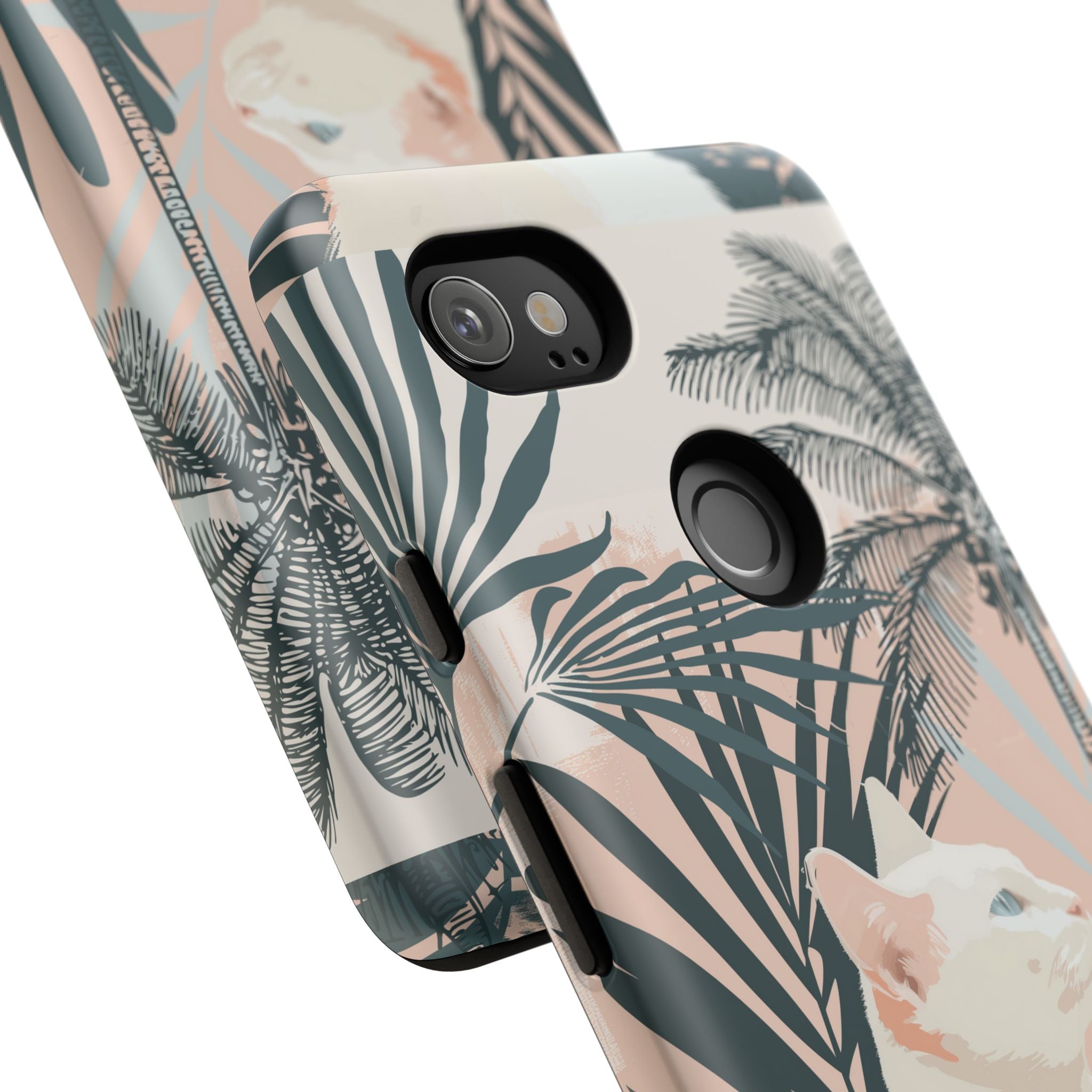 Tropical Cat Phone Case with Lush Palm Motifs and Soft Pastels
