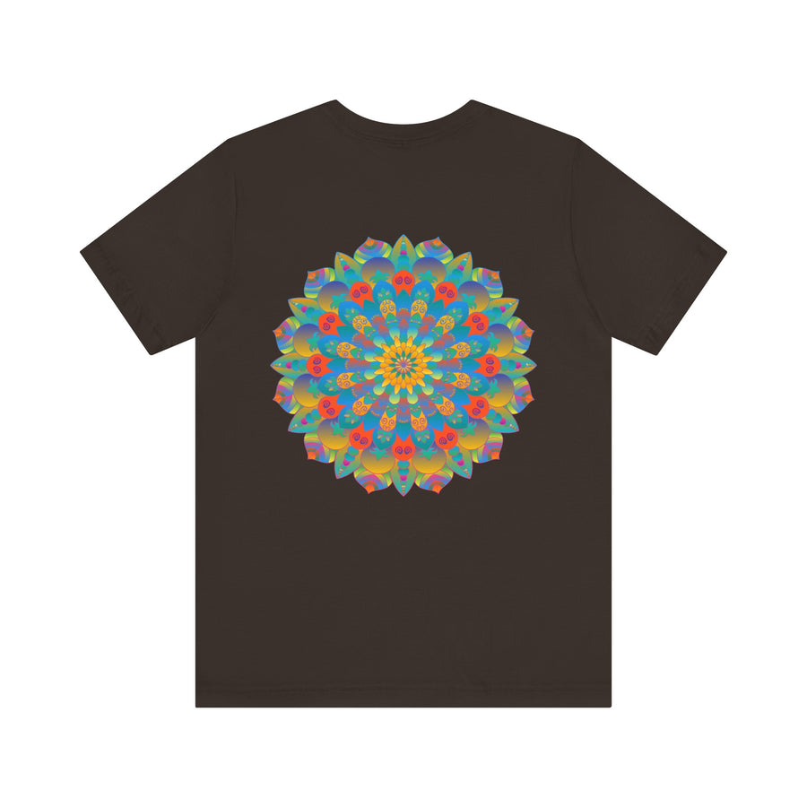 A vibrant and colorful psychedelic mandala t-shirt featuring spiritual symbols for peace and tranquility