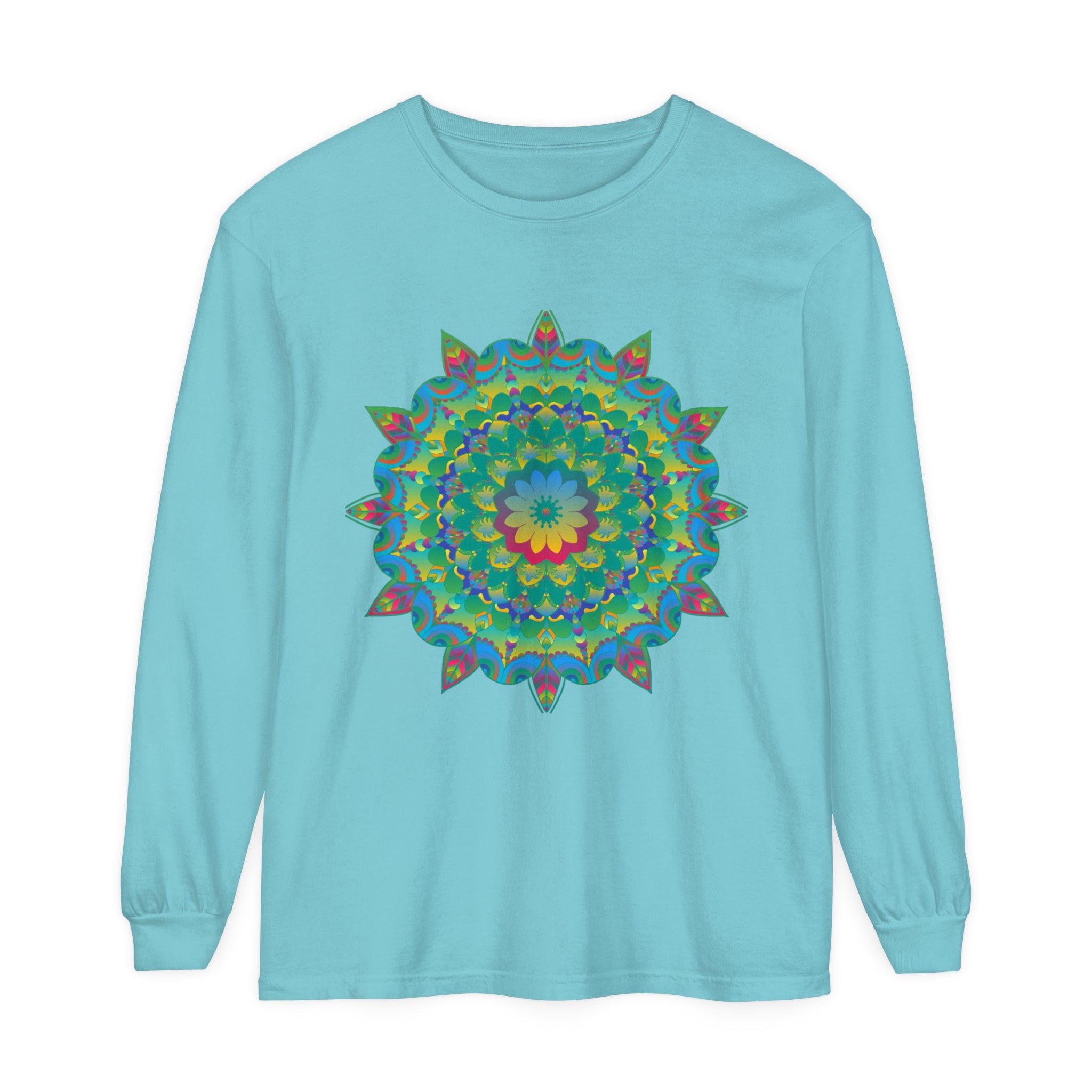Vibrant and intricate psychedelic mandala design on long sleeve t-shirt