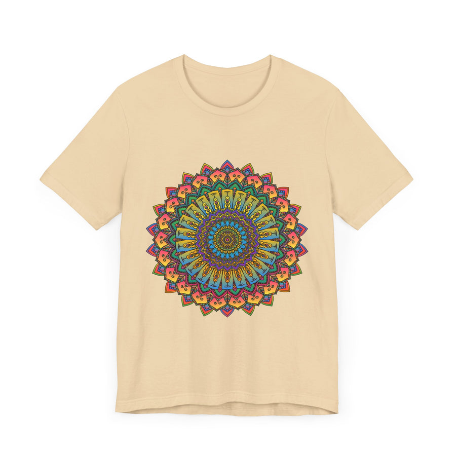 A close-up image of a vibrant and intricate mandala meditation tee in various shades of blue, pink, and purple, showcasing its beautiful design and colors