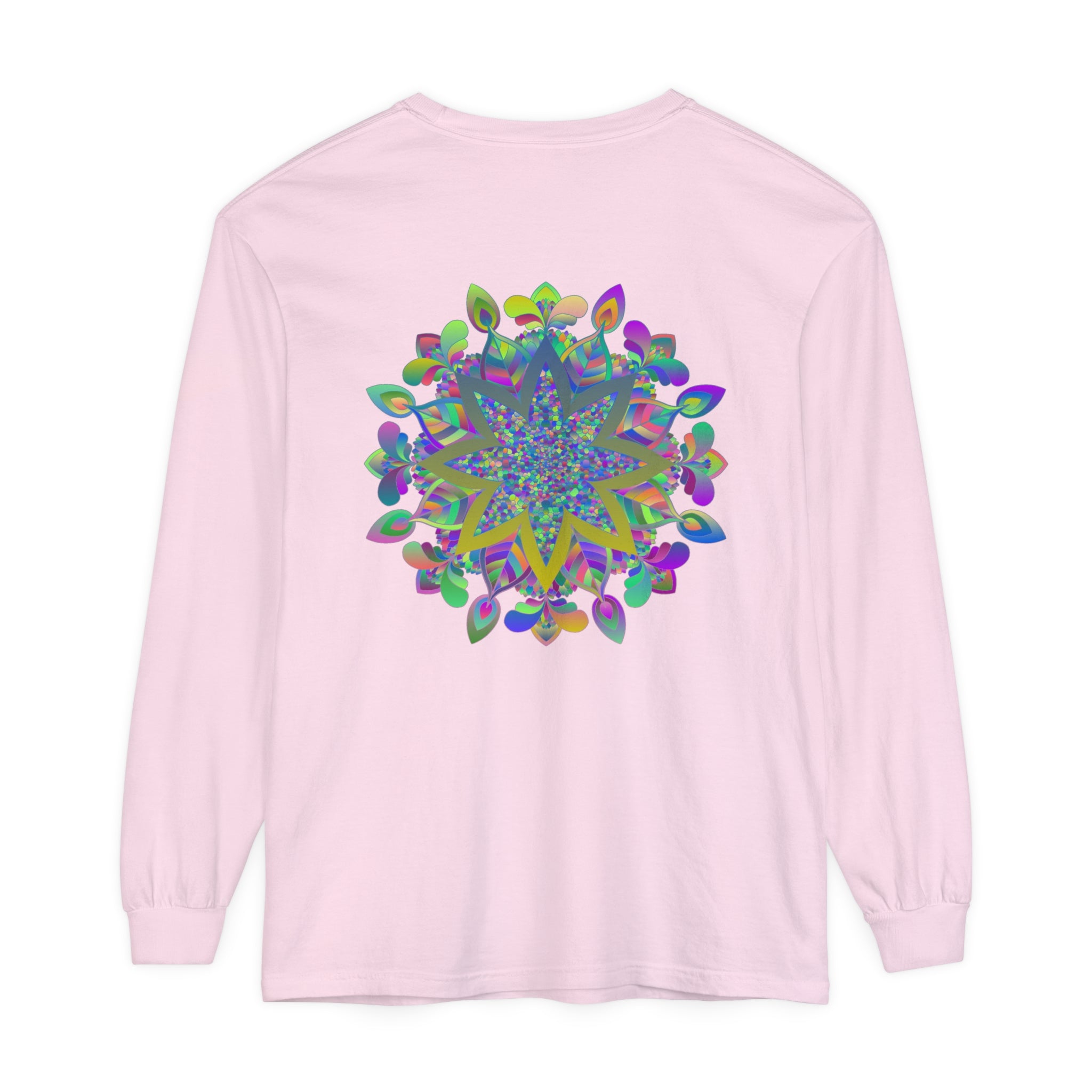 Vibrant and intricate mandala design on a unisex long sleeve t-shirt