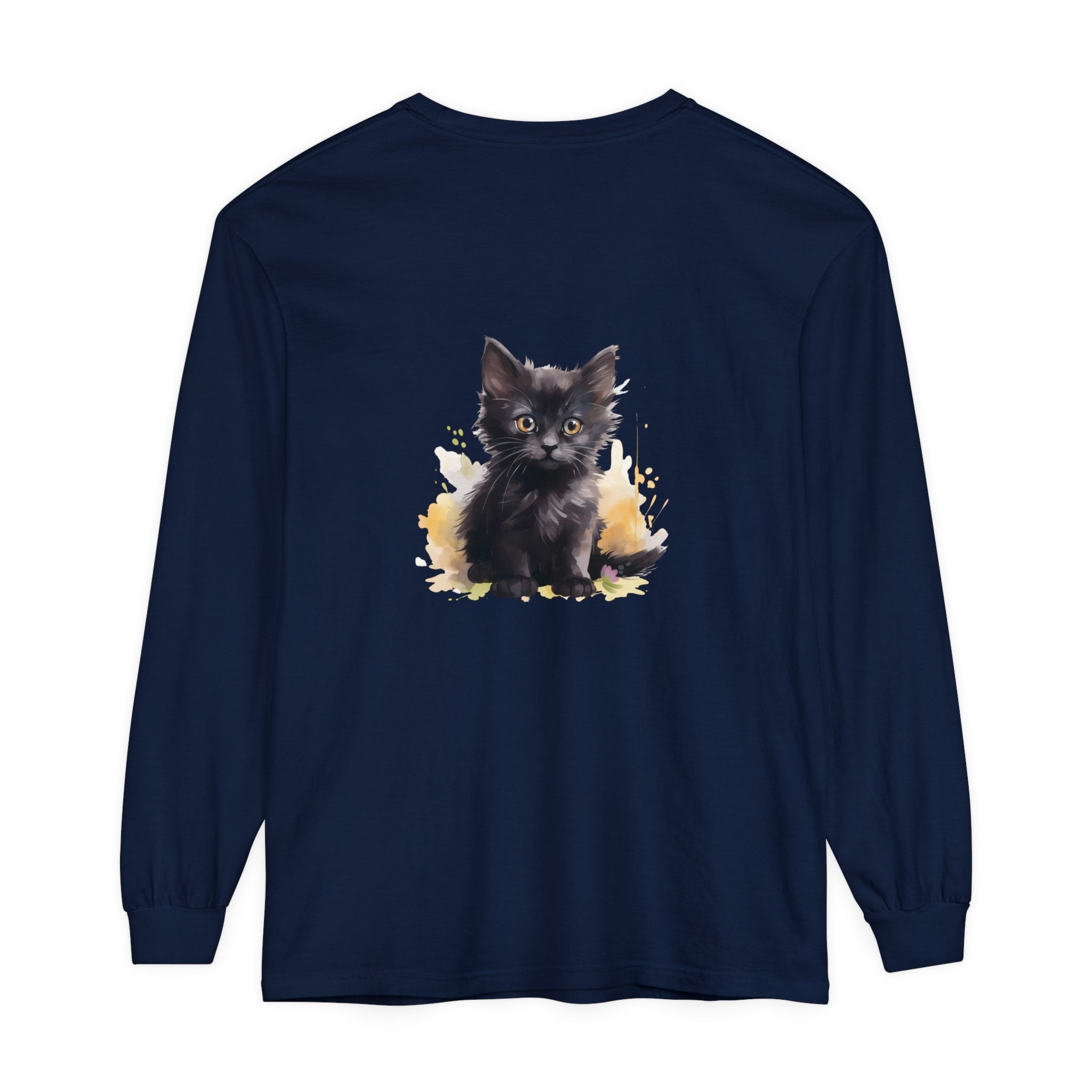 A close-up of a black kitten watercolor splash t-shirt, featuring a playful kitten design in vibrant colors