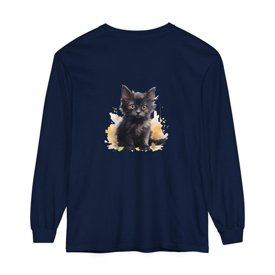 A close-up of a black kitten watercolor splash t-shirt, featuring a playful kitten design in vibrant colors