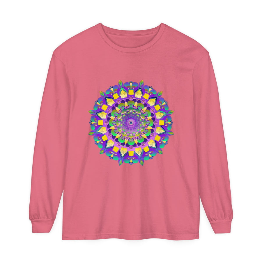 Vibrant Mandala Unisex Long Sleeve T-Shirt featuring intricate and colorful mandala design on comfortable, versatile long sleeve shirt for all genders