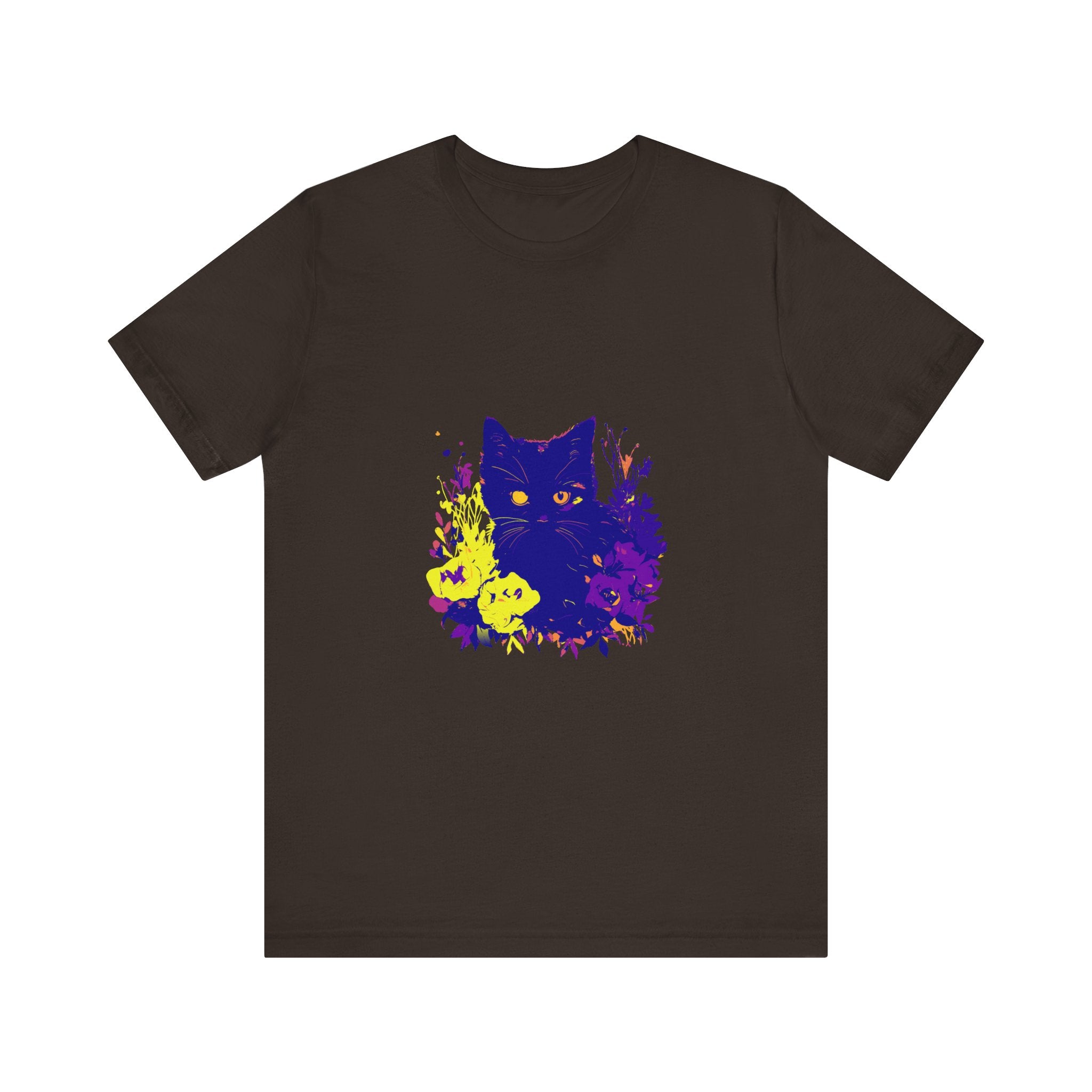 Black Cat Mystery Neon Flower T-Shirt, a vibrant and unique graphic tee featuring a black cat surrounded by neon colored flowers