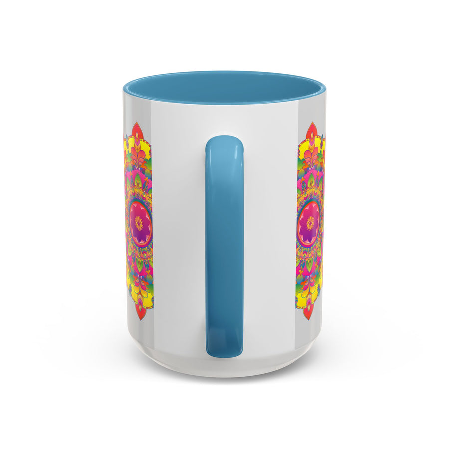 Elegant Mandala Mug - Vibrant Art on Grey showcasing a detailed and colorful mandala pattern
