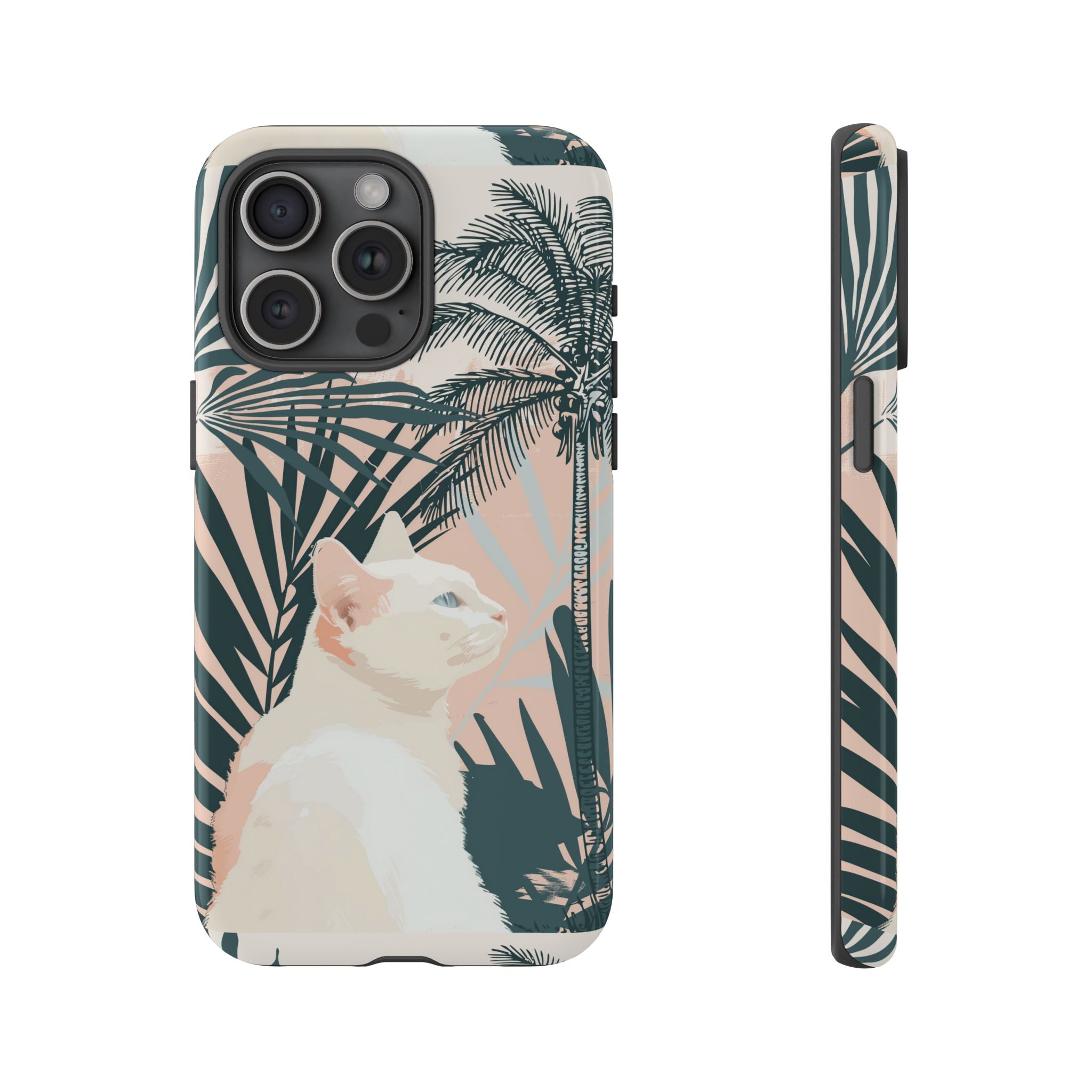Tropical Cat Phone Case with Lush Palm Motifs and Soft Pastels