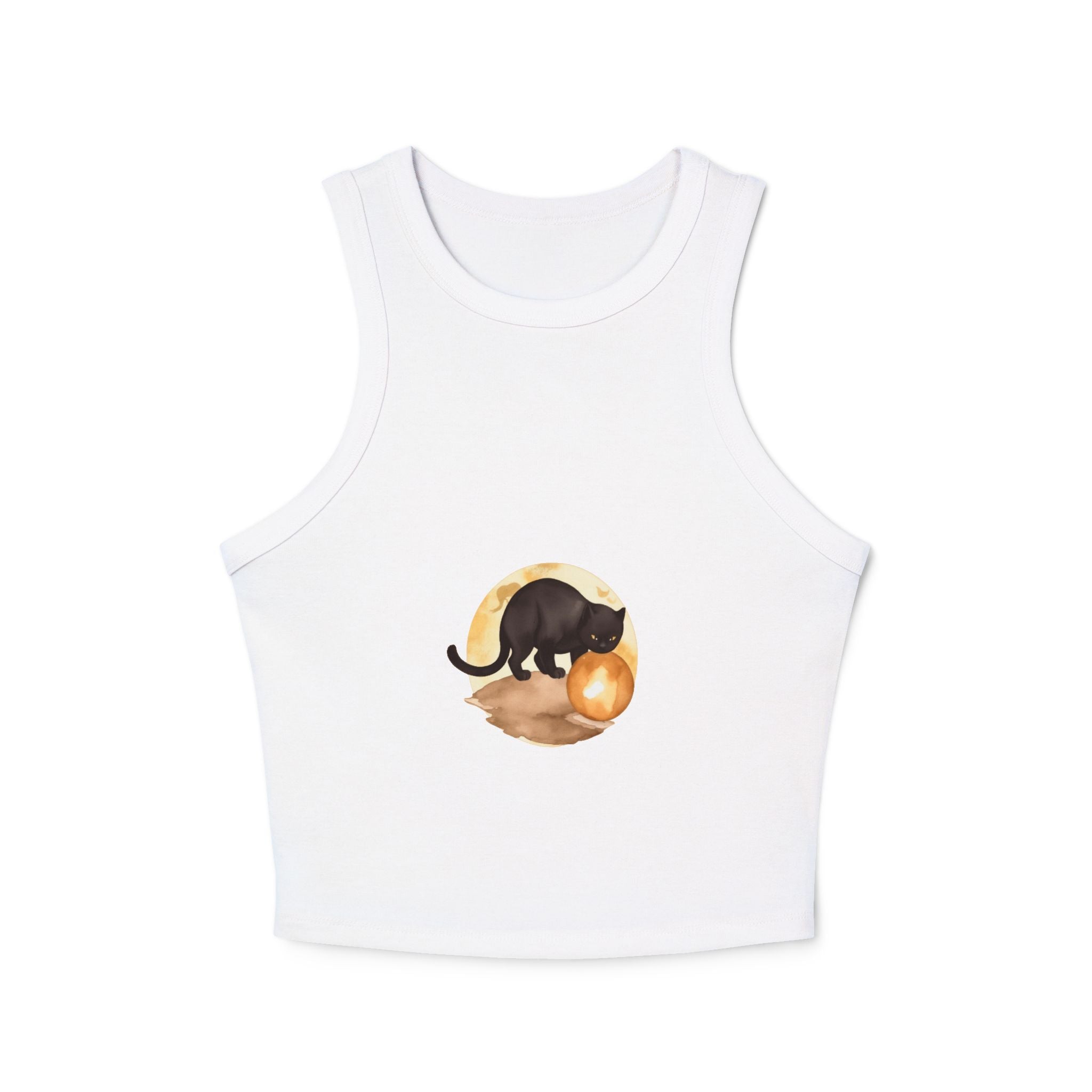Front view of Black Cat Moon Racerback Tank Top on a hanger with moon and cat design