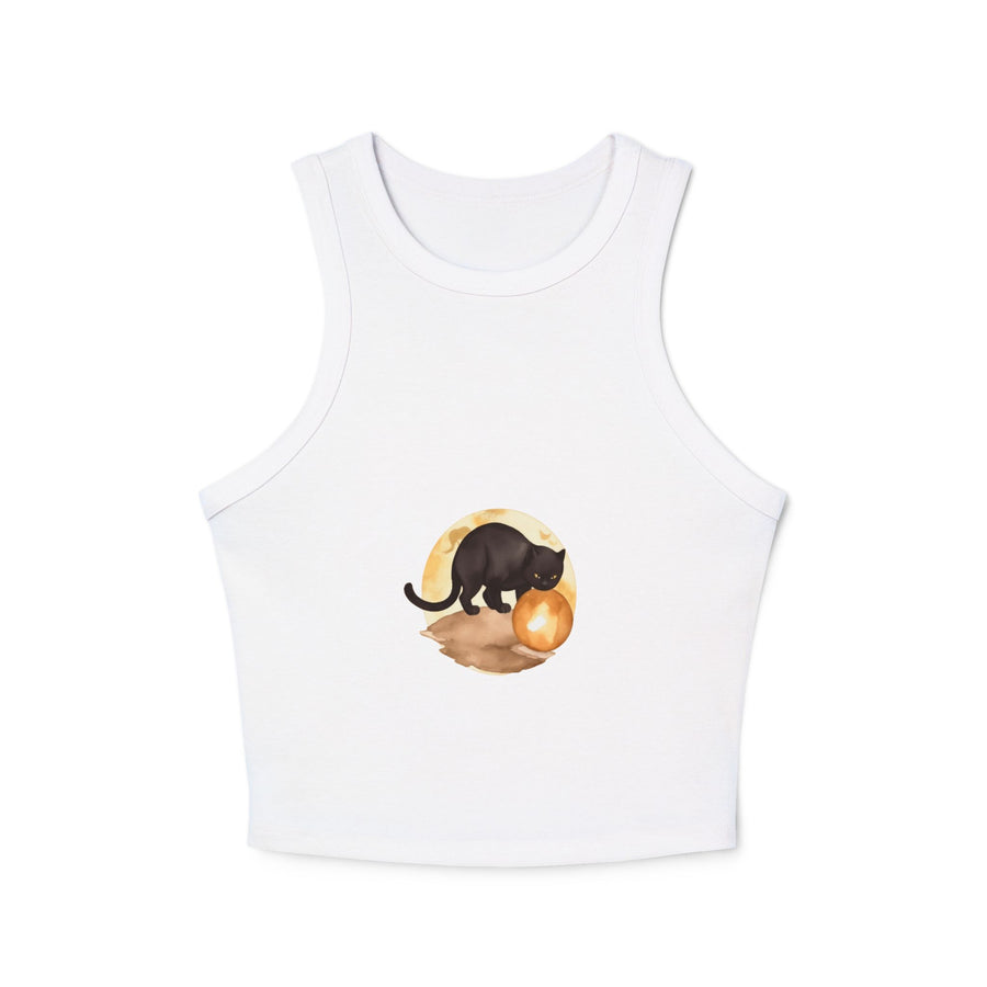 Front view of Black Cat Moon Racerback Tank Top on a hanger with moon and cat design