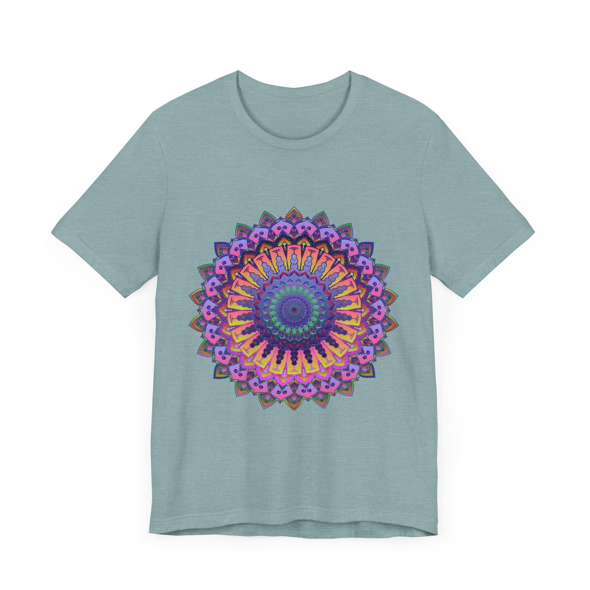 Vibrantly colored mandala tee with intricate design for meditation and relaxation