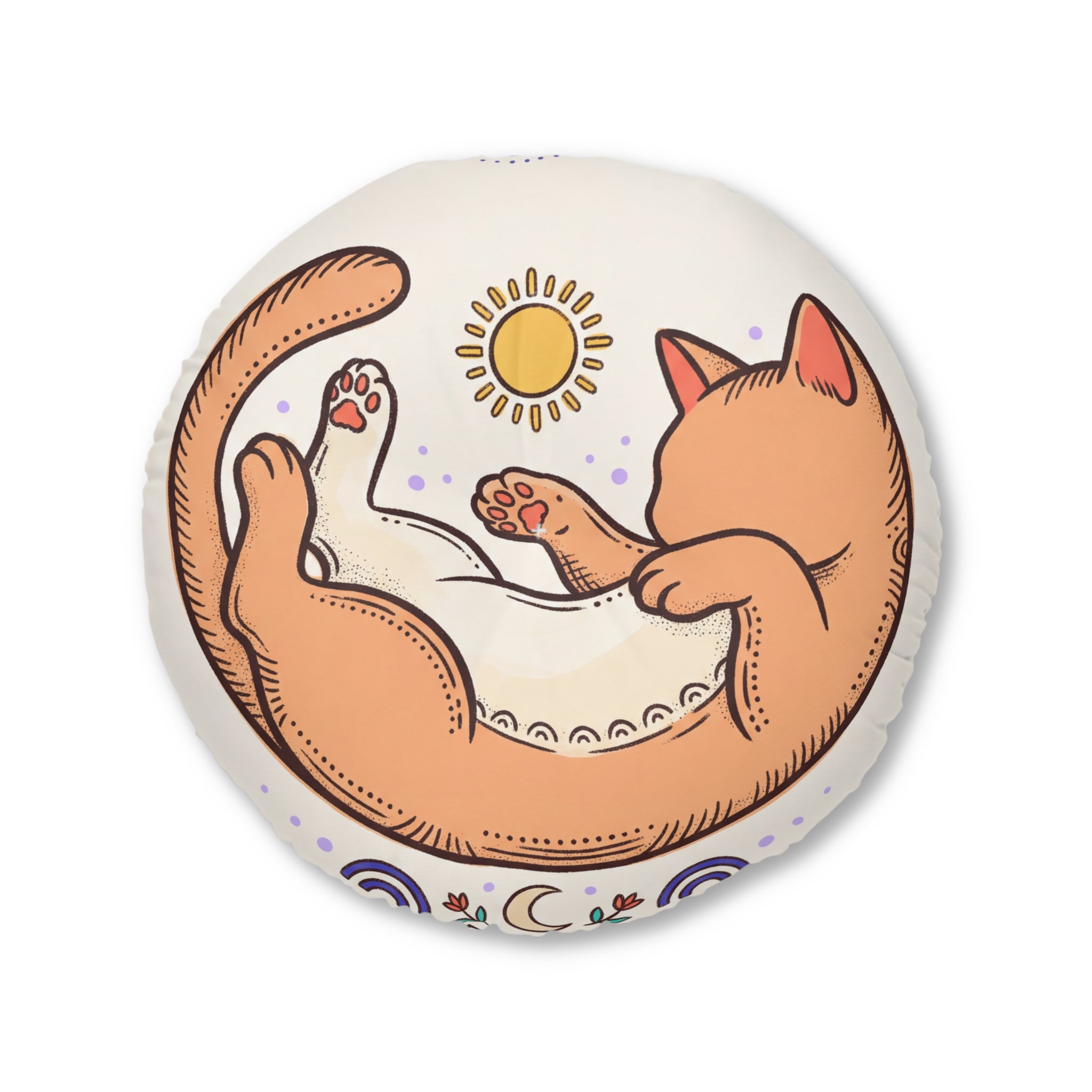 Curled Cat Boho Round Floor Pillow