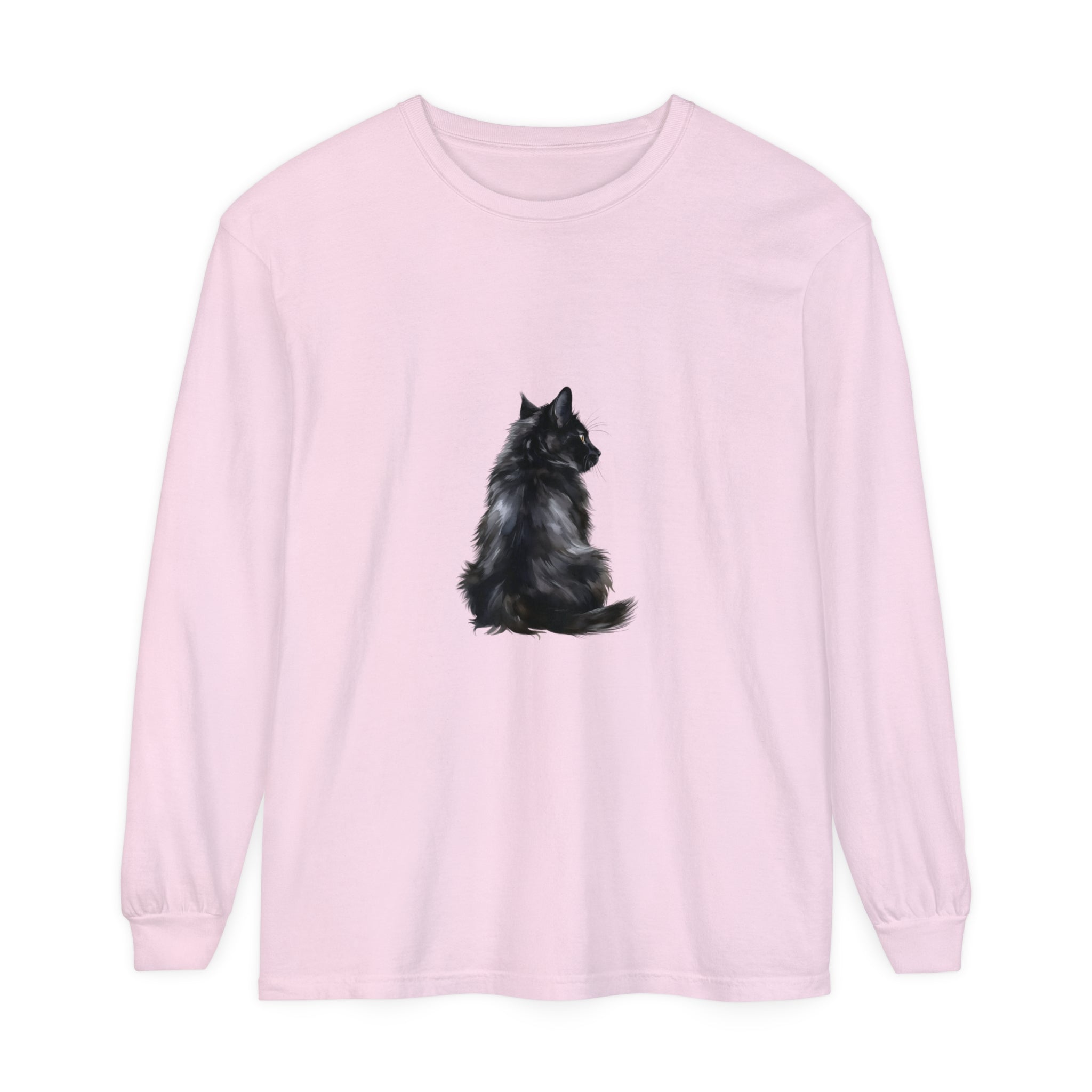 A close-up image of a Black Cat Mystique Long Sleeve T-Shirt with intricate cat design on the front