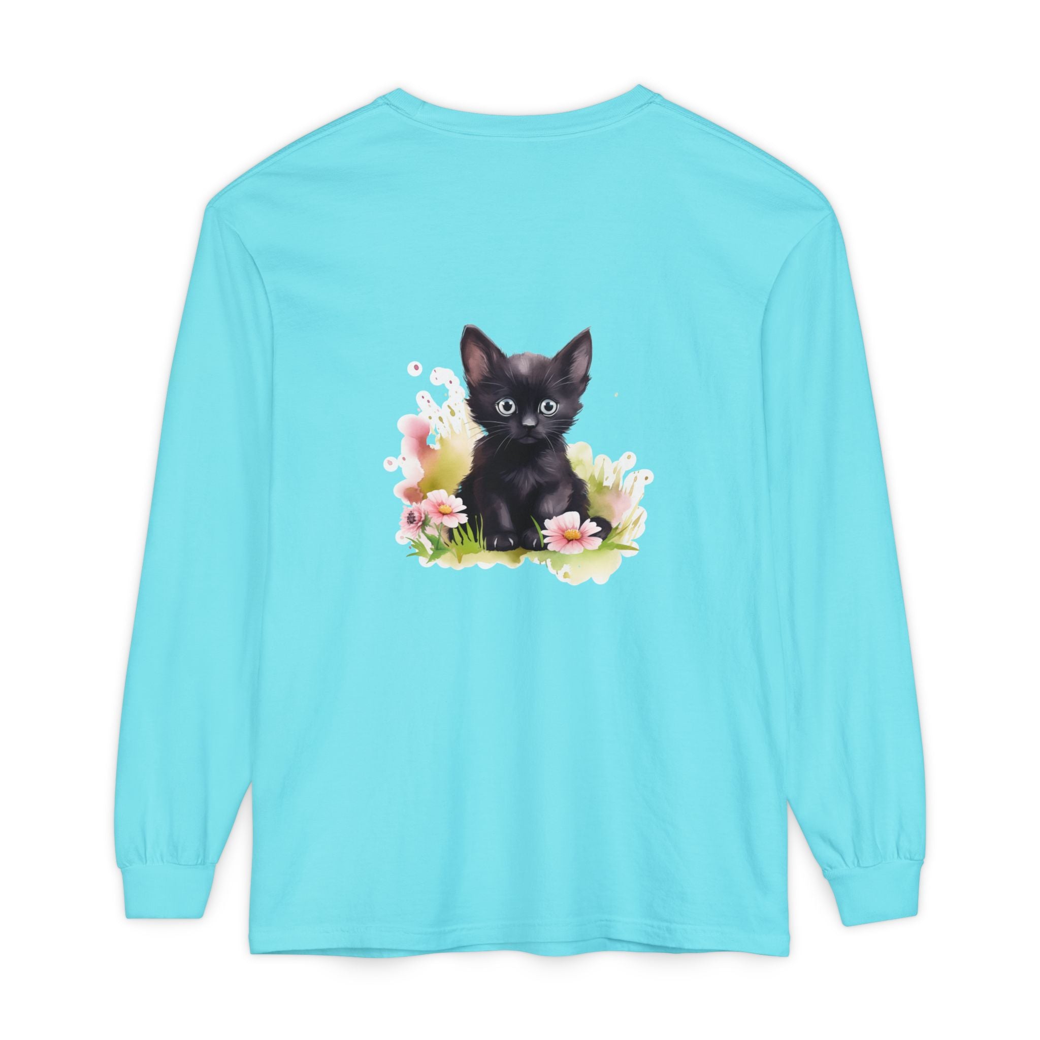 Langarmshirt | Schwarzes Kätzchen & rosa Blumen