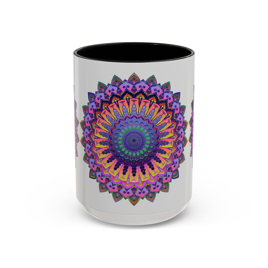 Vibrant mandala mug with intricate art in bold colors on grey background