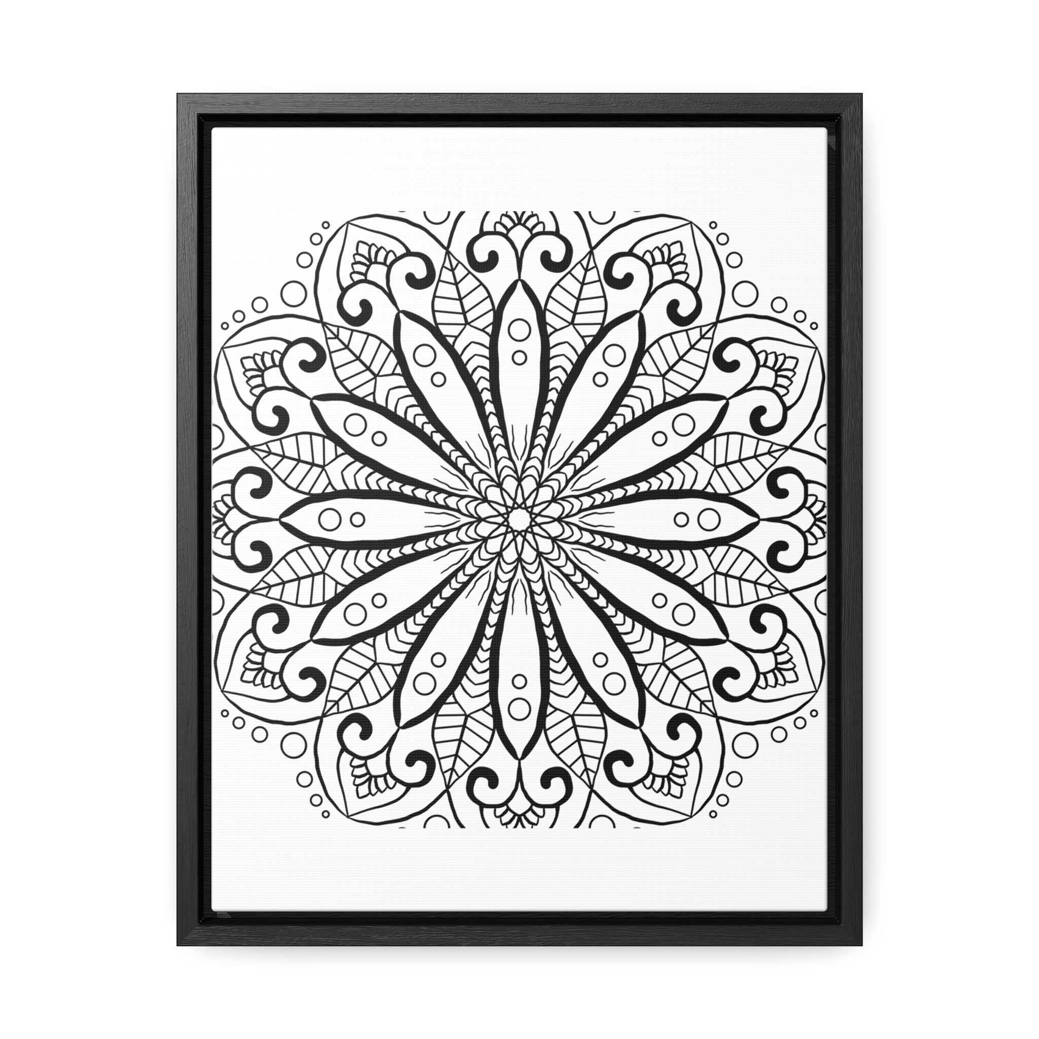 Beautiful mandala handmade art in black and white, showcased on gallery canvas wraps in a vertical frame for elegant wall decor