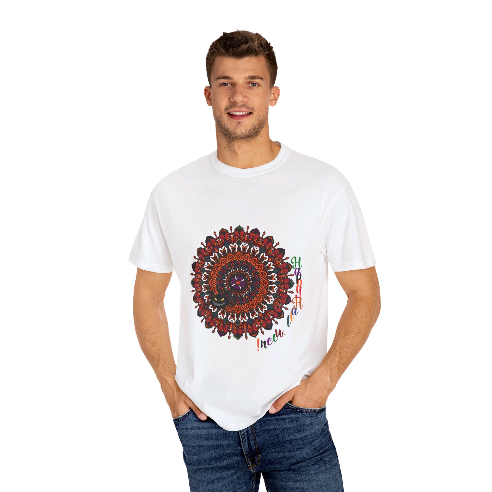 Front view of the Halloween mandala t-shirt featuring a unique and vibrant design