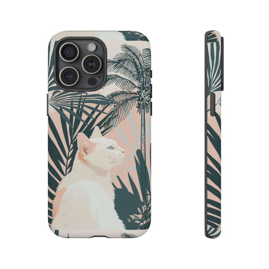 Tropical Cat Phone Case with Lush Palm Motifs and Soft Pastels