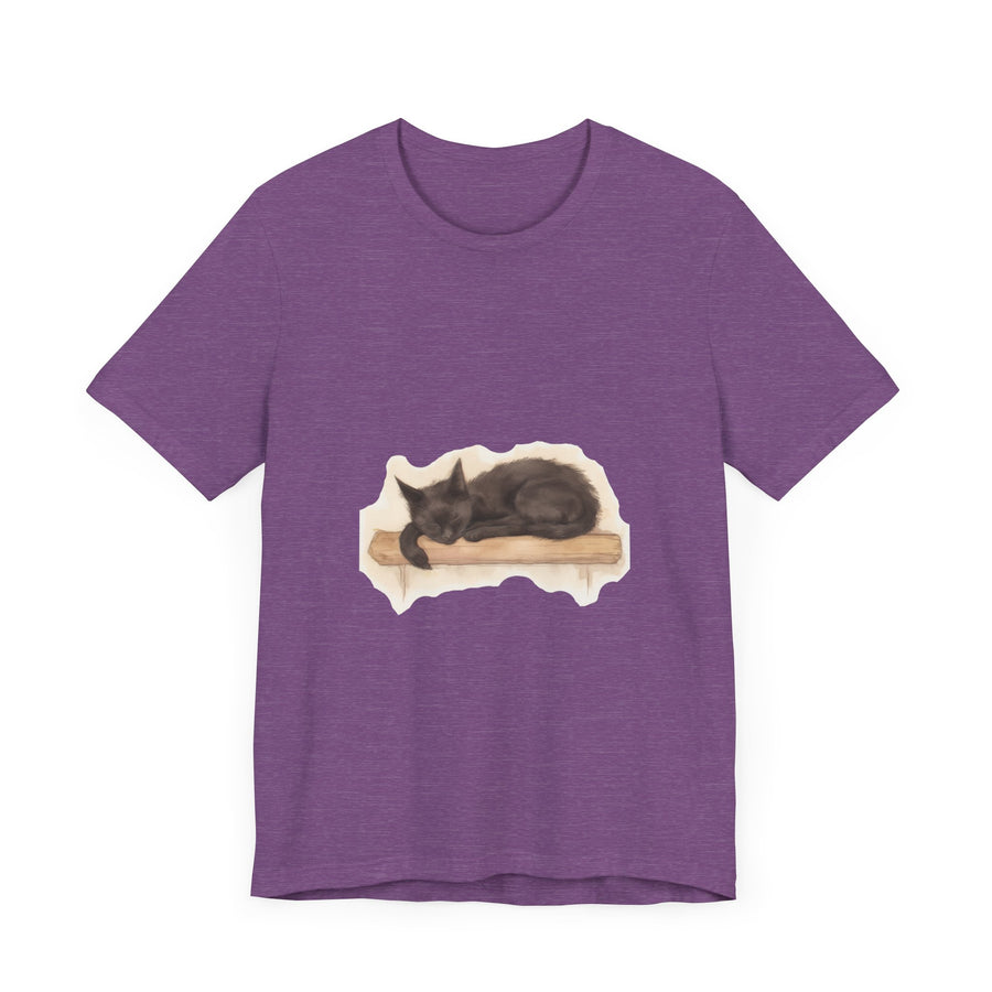 Beautiful watercolor illustration of a sleeping black cat on a comfortable t-shirt