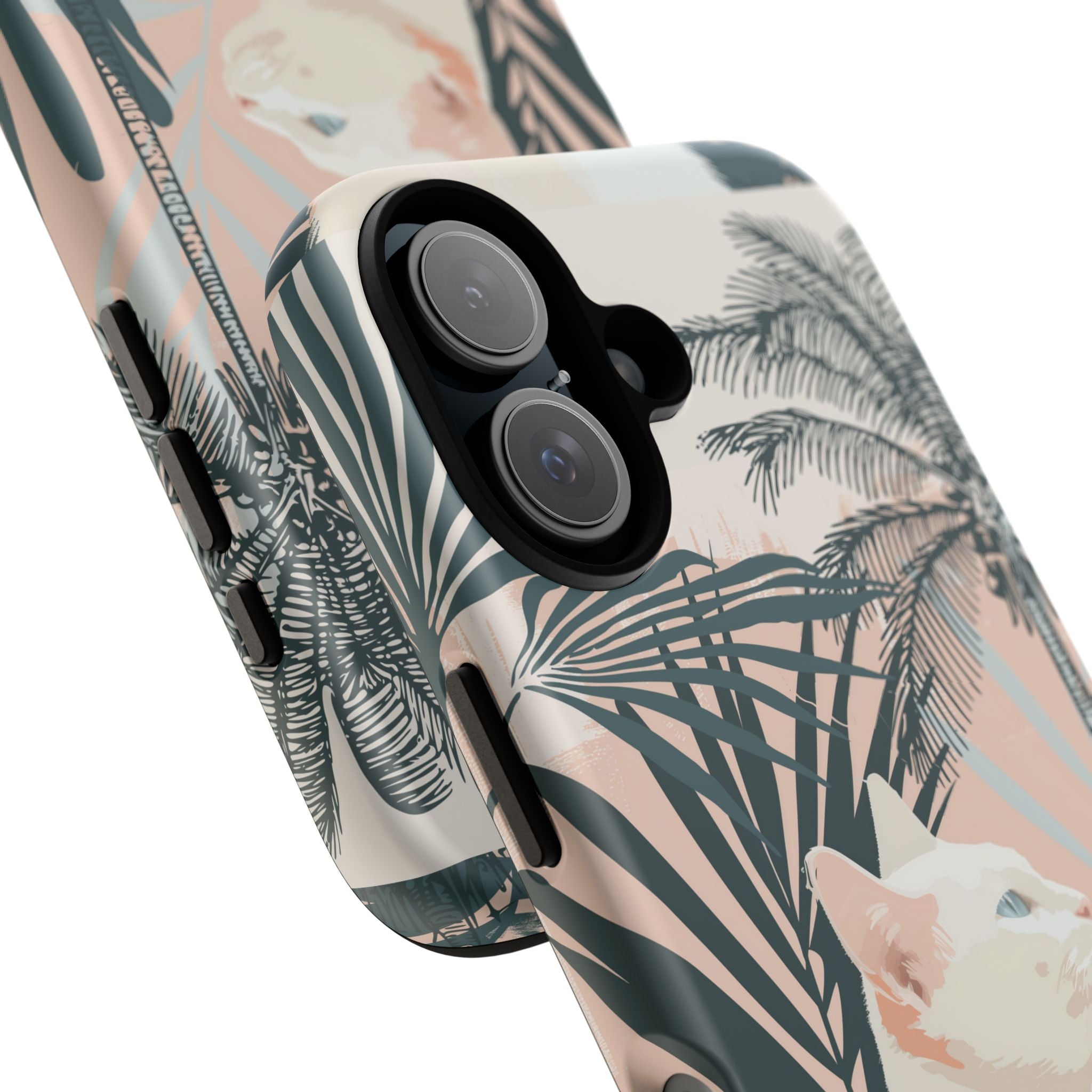 Tropical Cat Phone Case with Lush Palm Motifs and Soft Pastels