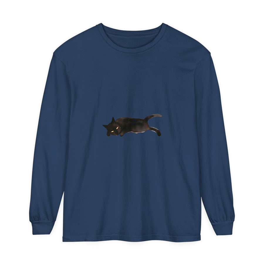 Black cat with closed eyes sleeping peacefully on a unisex long sleeve t-shirt