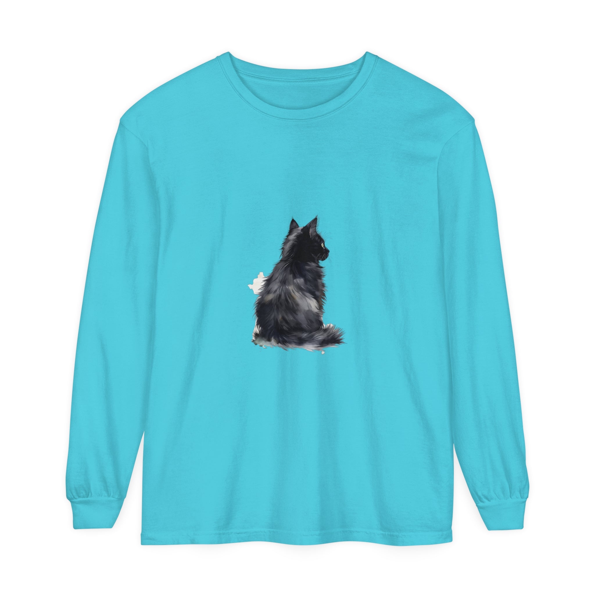 Close-up of the watercolor cat design on the t-shirt