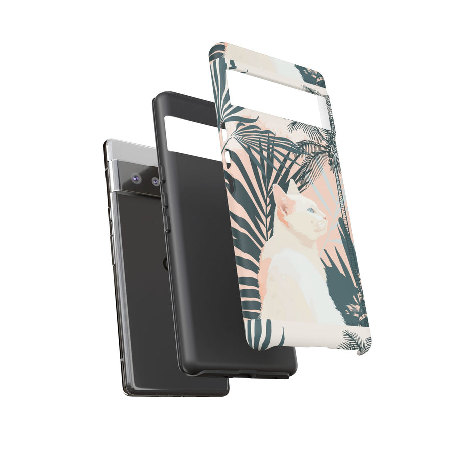 Tropical Cat Phone Case with Lush Palm Motifs and Soft Pastels