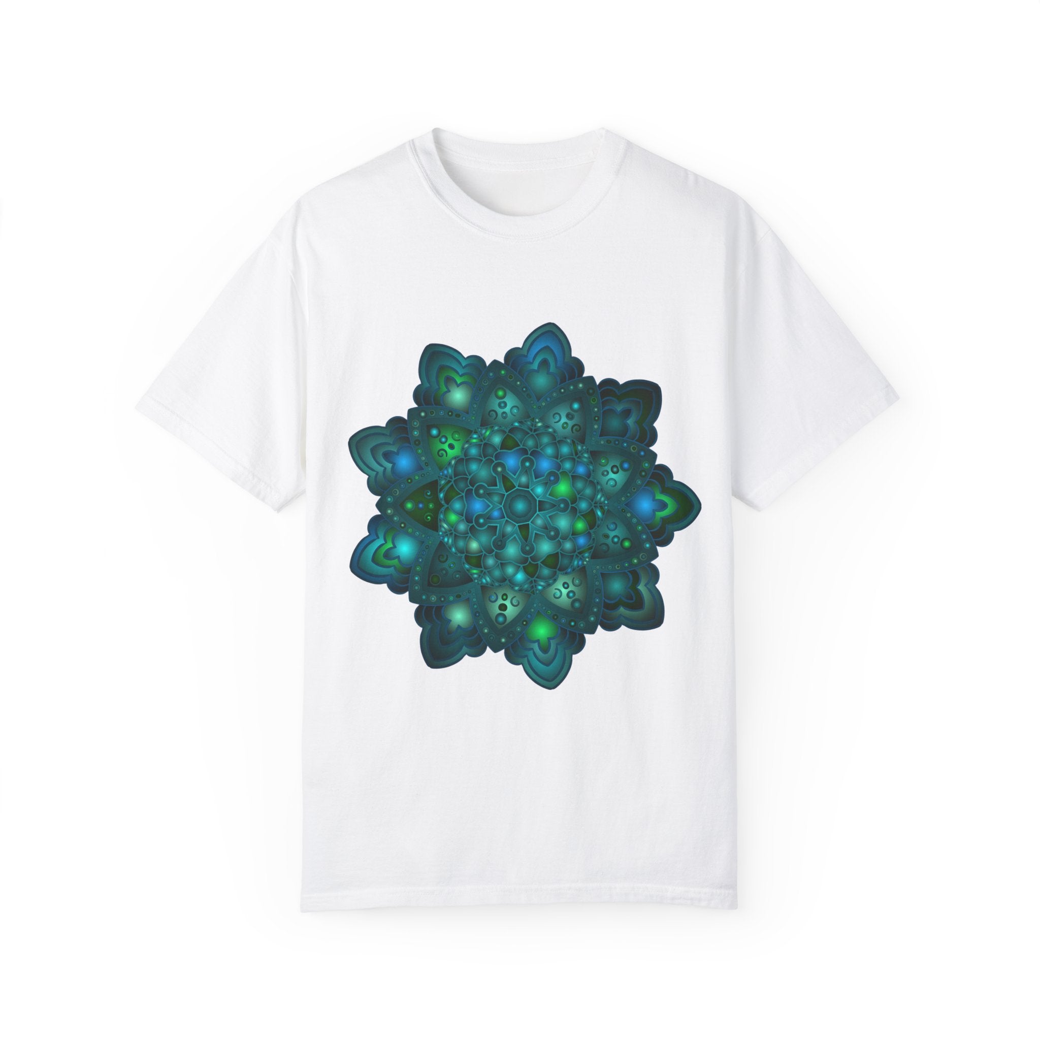 A stunning unisex t-shirt featuring an intricate blue and green mandala design