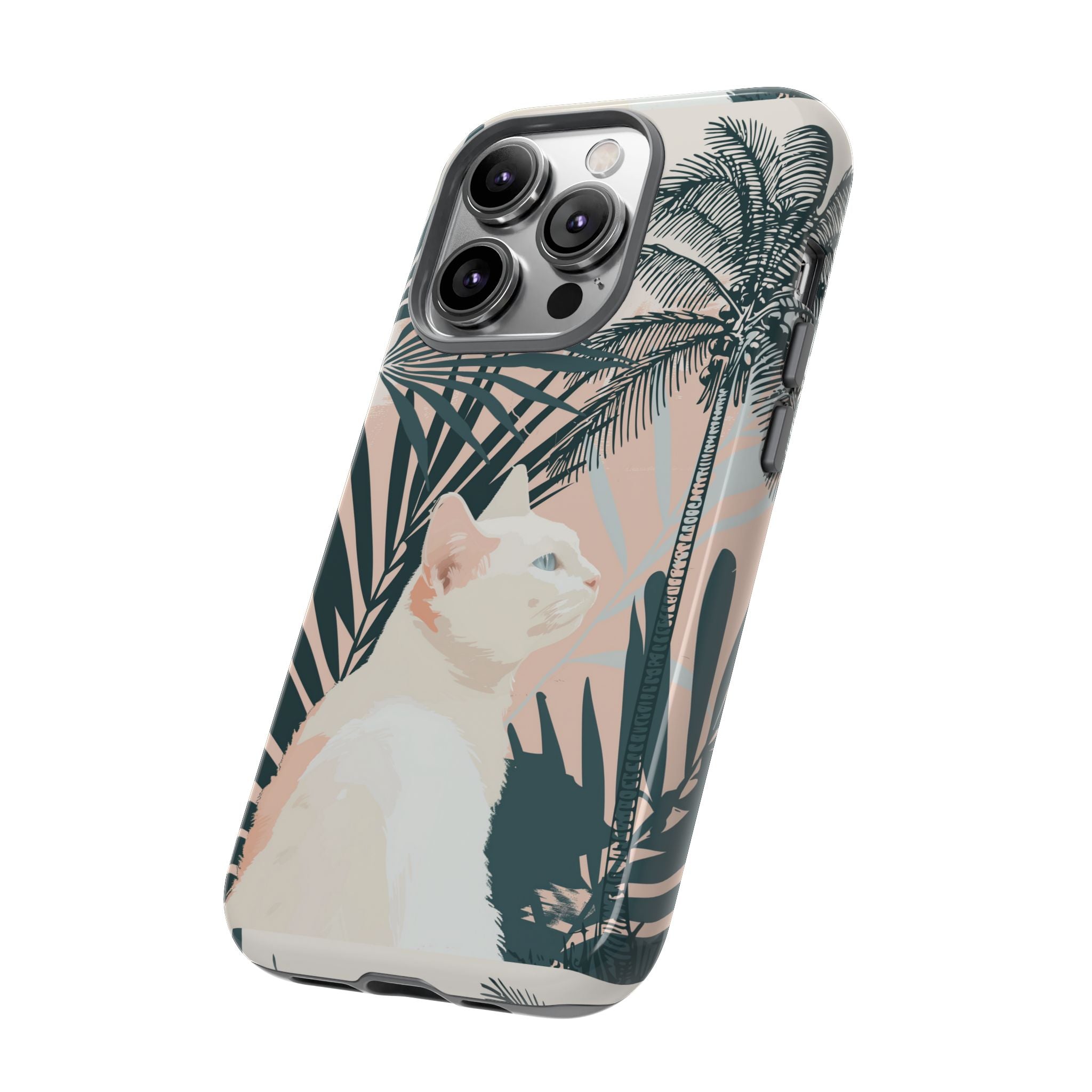Tropical Cat Phone Case with Lush Palm Motifs and Soft Pastels